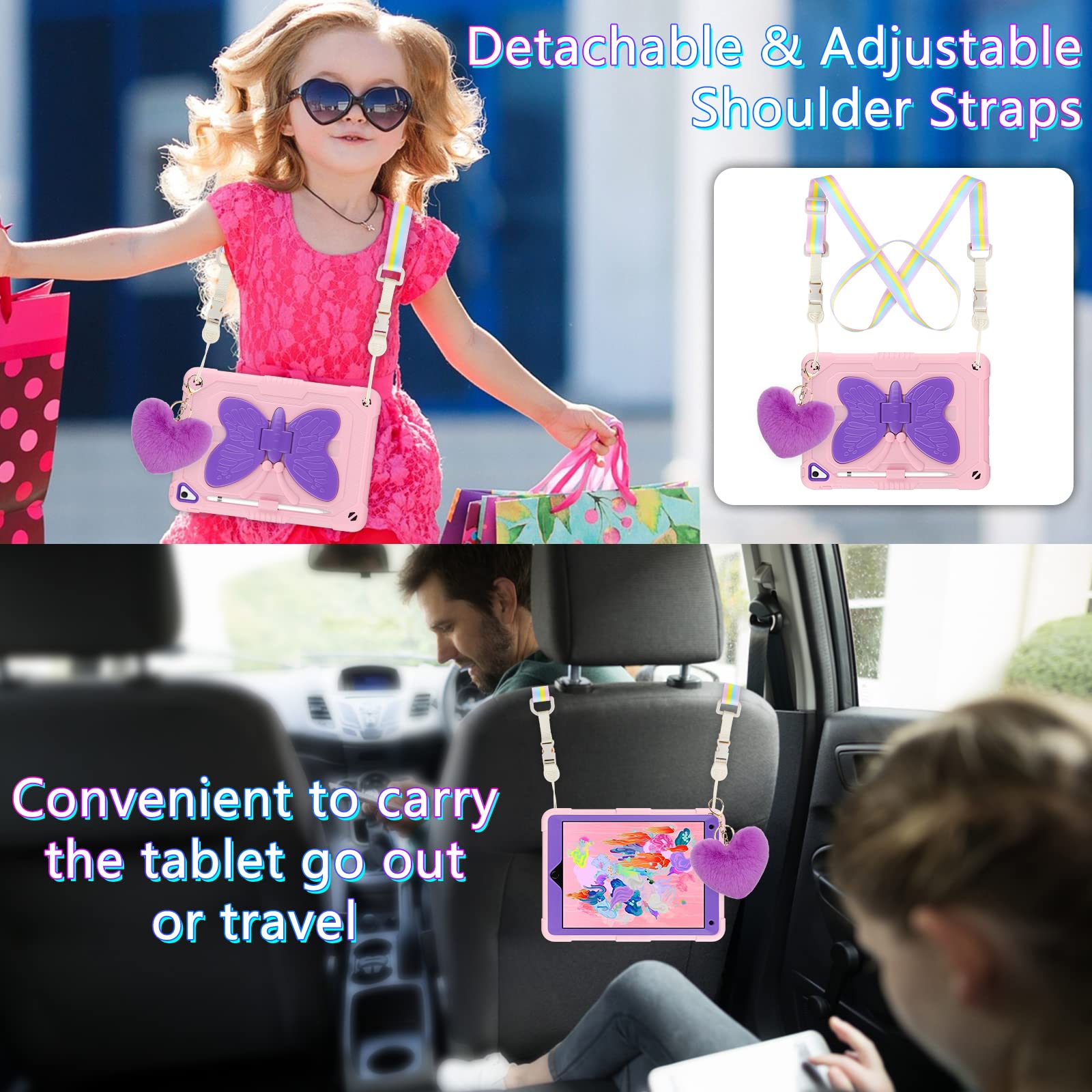 WESADN for iPad 9.7 Case iPad 6th 5th Generation Cases with Screen Protector/Butterfly Kickstand/Lanyard/Keychain Rugged Case with Pencil Holder for Girls Kids iPad Air 2 Case 9.7'' Pink Purple