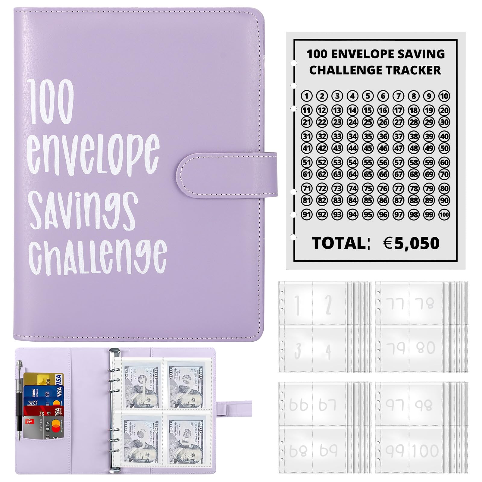 100 Envelope Saving Challenge A5 Binder Busta Budget 5050 Euro Agenda Del Risparmio Viola