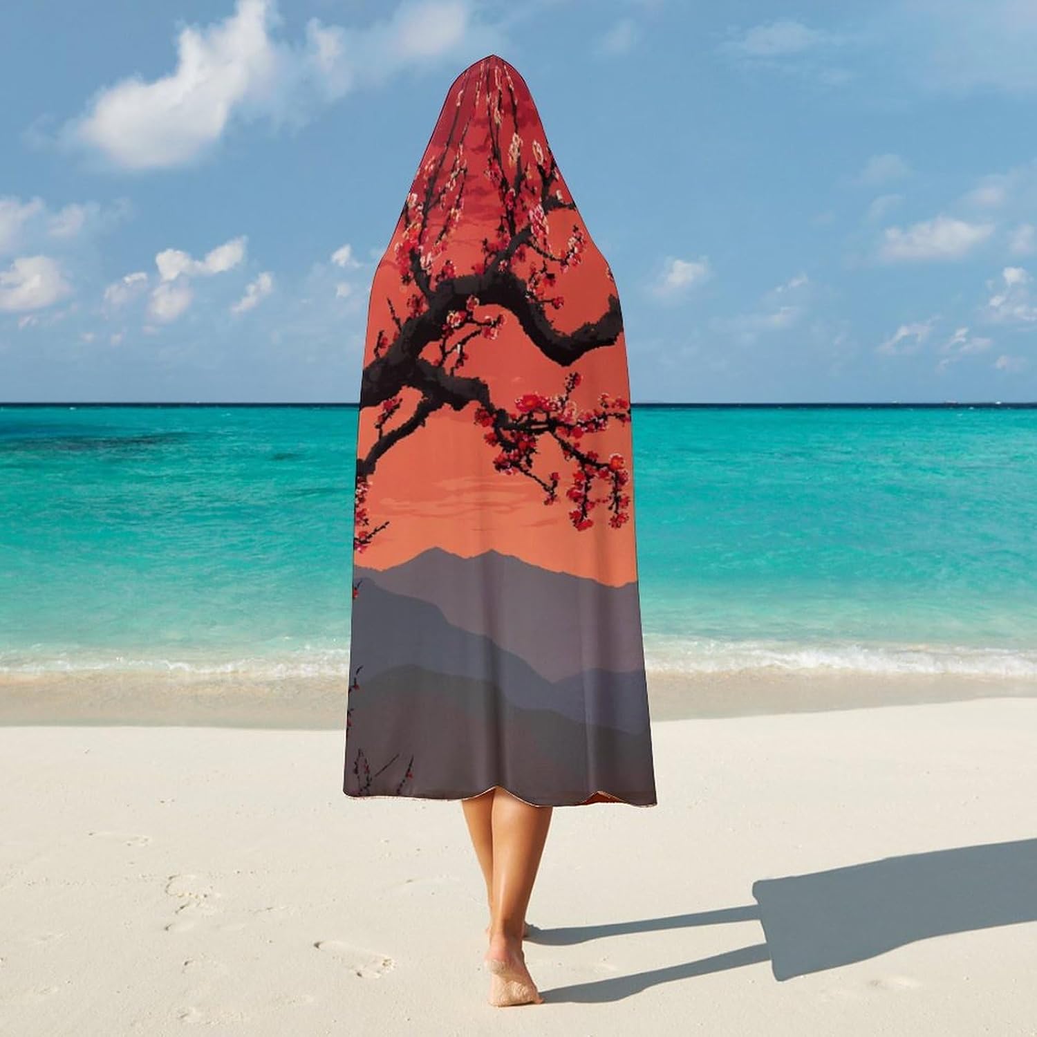 Plum Tree Floral Wearable Blanket Oversized Throw Cape | Cozy Hooded Blanket Gifts for Women Men