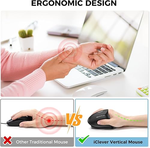 Miniatura 2 de iClever Ratón ergonómico, mouse vertical inalámbrico de 2.4G, clic silencioso, 7 botones, USB-C recargable, 4 DPI 800120016002400 con 3
