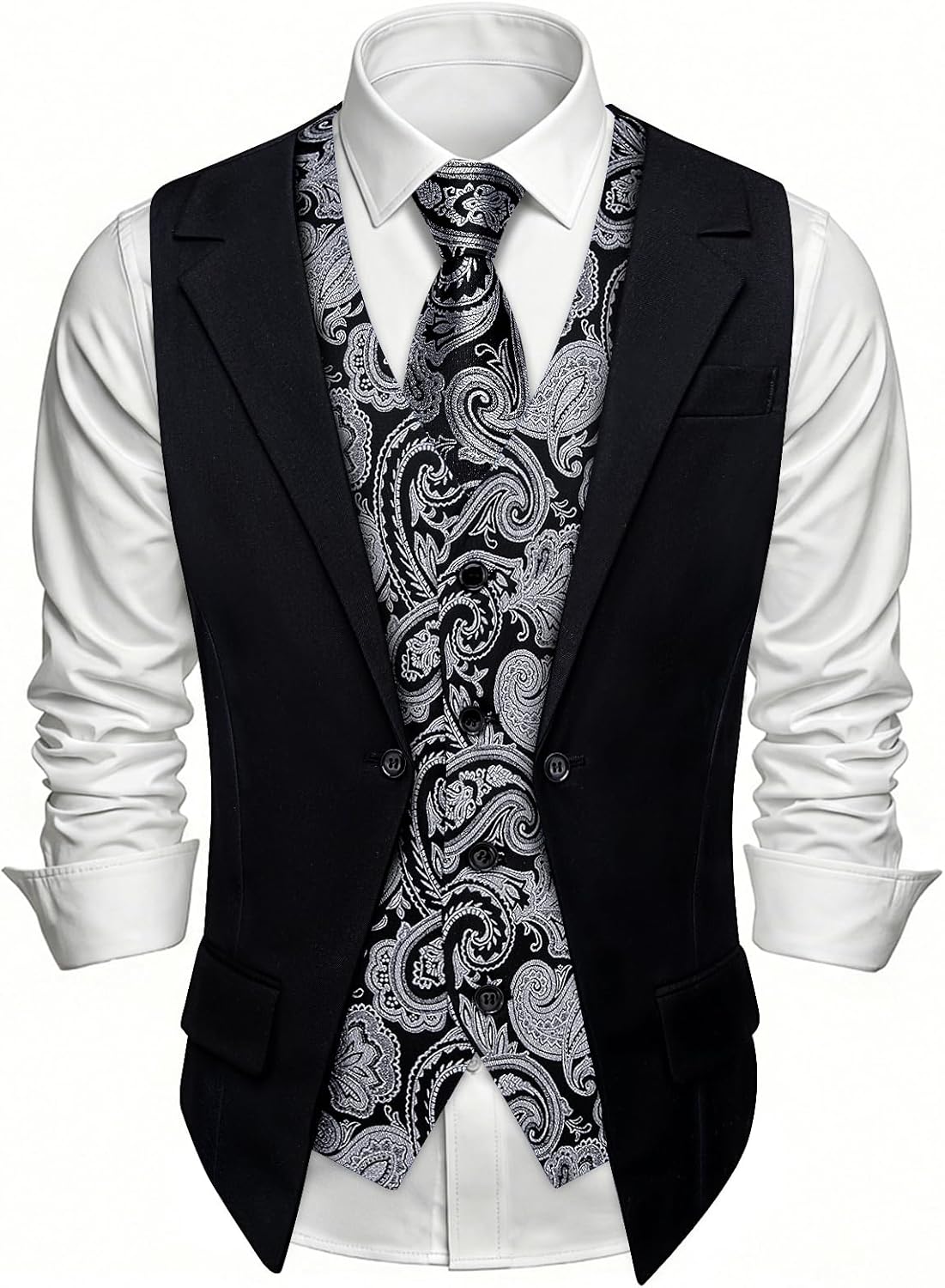 DiBanGu Men's Layered Suit Vest and Tie Set Formal Silk Paisley Vests Business Dress Waistcoat Wedding Party Tuxedo 6PCS