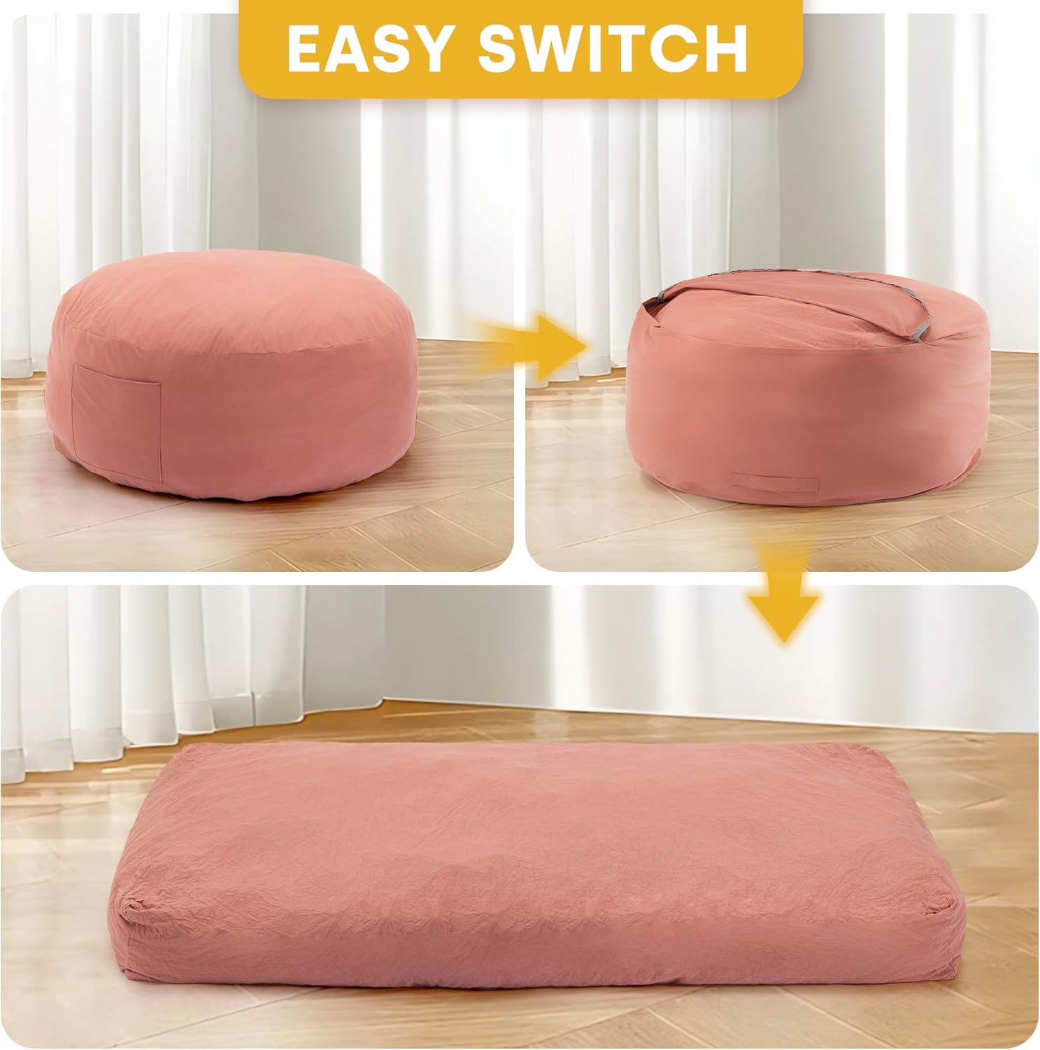 COSIEST 35.4" Dutch Velvet 3-in-1 Bean Bag Chair Adults Twin Pink Convertible Lounger Memory Foam Filled Living Room Bedroom Floor Mattress Wall-Back Lounge