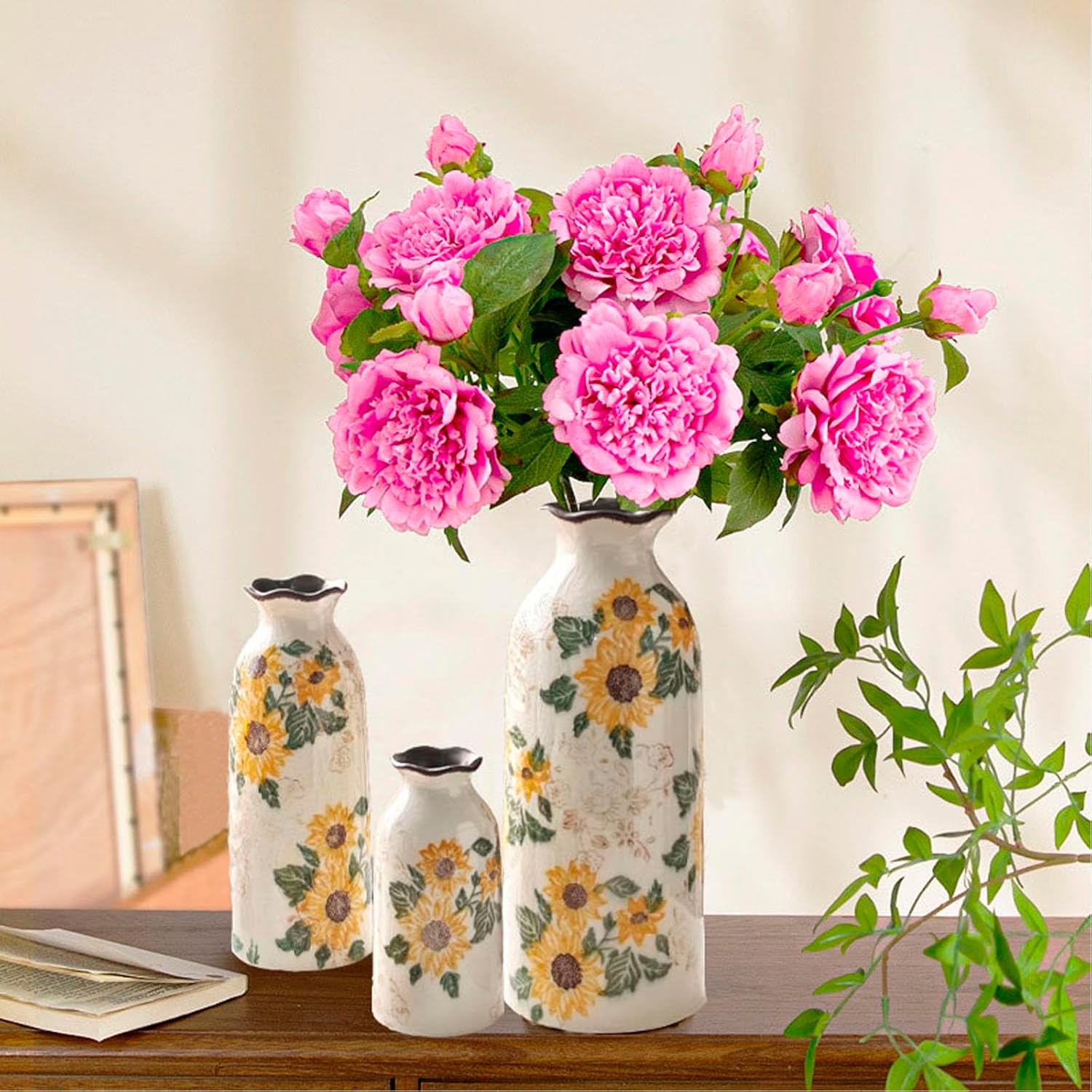 Rustic Ceramic Vase Set, Chinoiserie Sunflower and Beige Vintage Flower Vase of 3, Handmade Distressed Farmhouse Cracked Glazed Small Vases, Pottery Clay Vase for Home Decor, Living Room, Bookshelf