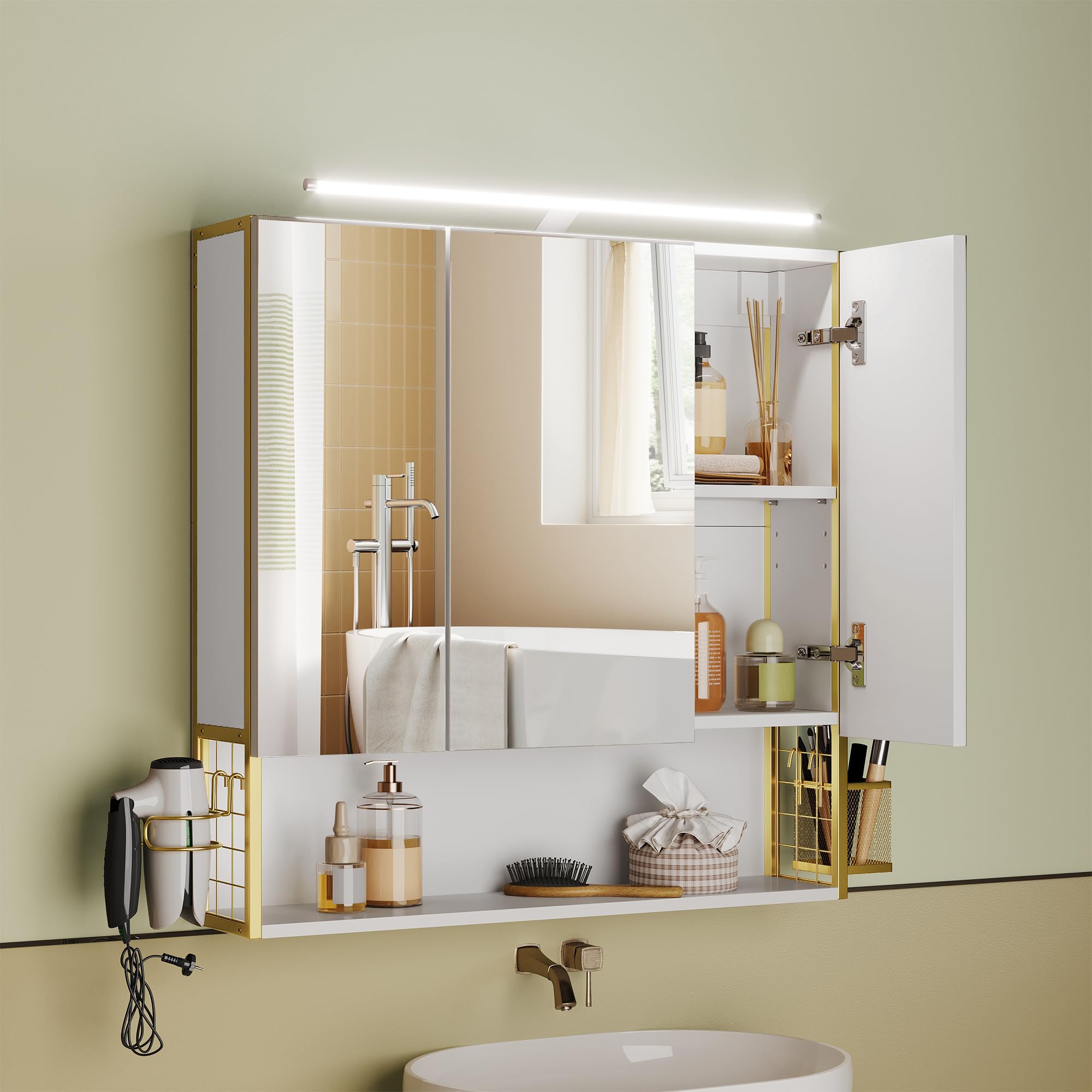 VASAGLE Armadietto da Bagno con Specchio e 3 Ante, Mobile a Parete, Cestino, Porta Asciugacapelli, Capiente, Mobiletto Bagno da Muro, Bianco Nuvola e Oro Verde Chiaro BBK124A10