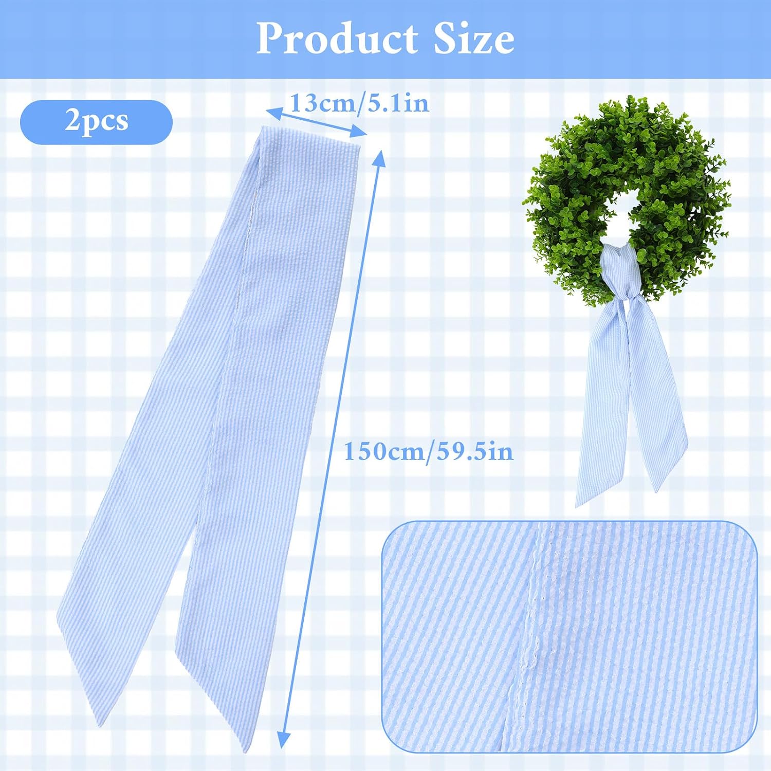 2 Pcs Wreath Sash for Front Door Seersucker Wreath Sashs 5.1'' W x 59'' L Holiday Stripes Wreaths Ribbon for Embroidery Monogram Garland Accessories for Baby Shower Yard Doorway Wall(Blue Striped)