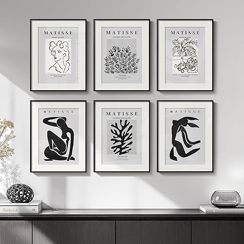 Arte de pared enmarcado de Matisse para sala de estar, juego de 6 impresiones modernas minimalistas de líneas botánicas en blanco y negro para