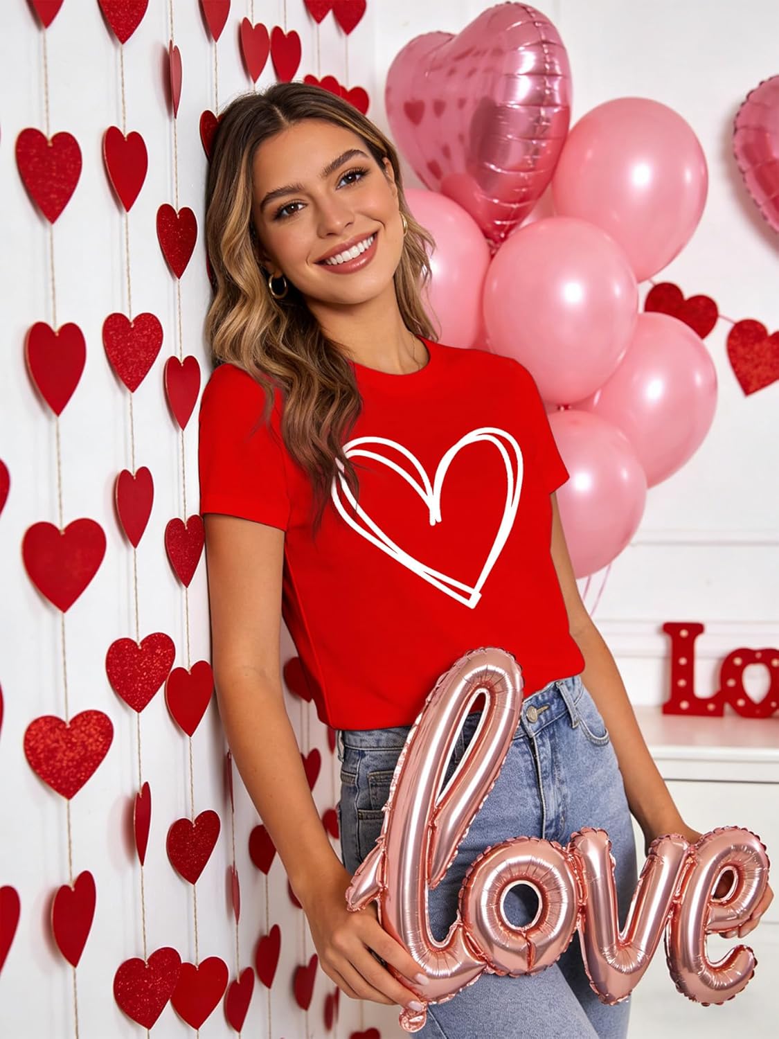 Women's Valentine's T-Shirts Cute Love Heart T Shirts Casual Short Sleeve Tee for Lover - Image 4