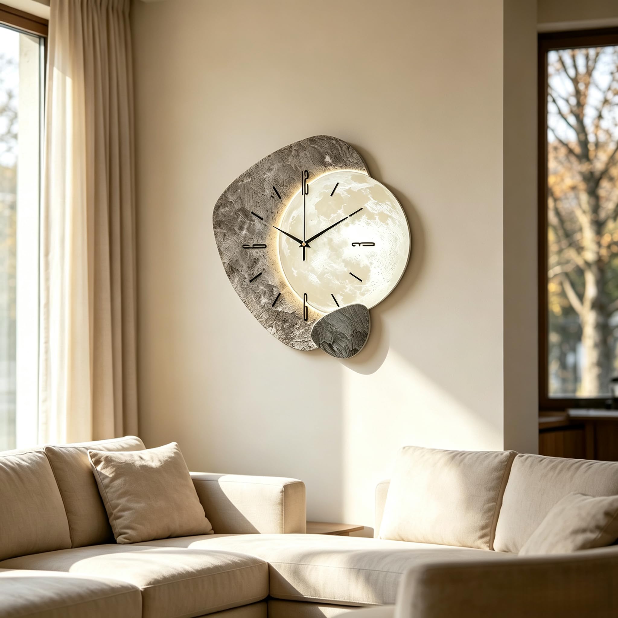 Reloj de pared de madera con diseño de luna silenciosa de 12 pulgadas, sin tictac, plano 2D, funciona con pilas