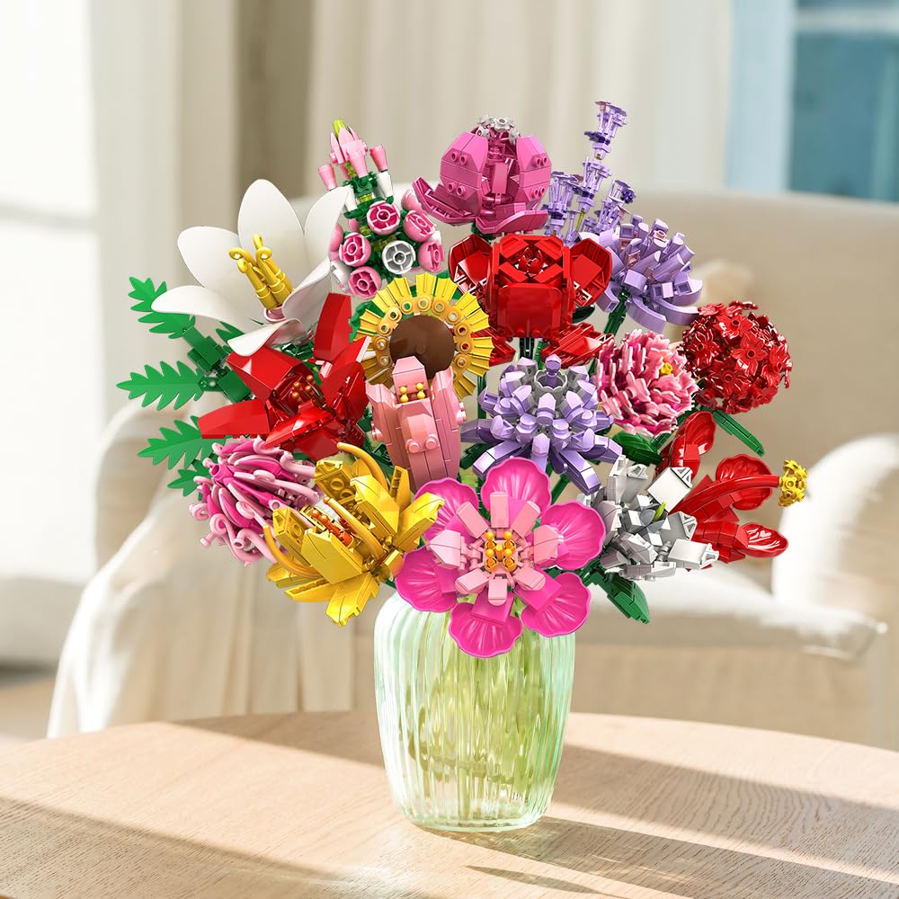 HOGOKIDS Juego de construcción de Ramo de Flores, Colección botánica de 18 Flores Artificiales, 1464 Piezas Decoración del hogar Ramo Plantas, Regalo Creativo para Adultos Niños Niñas 8+ años