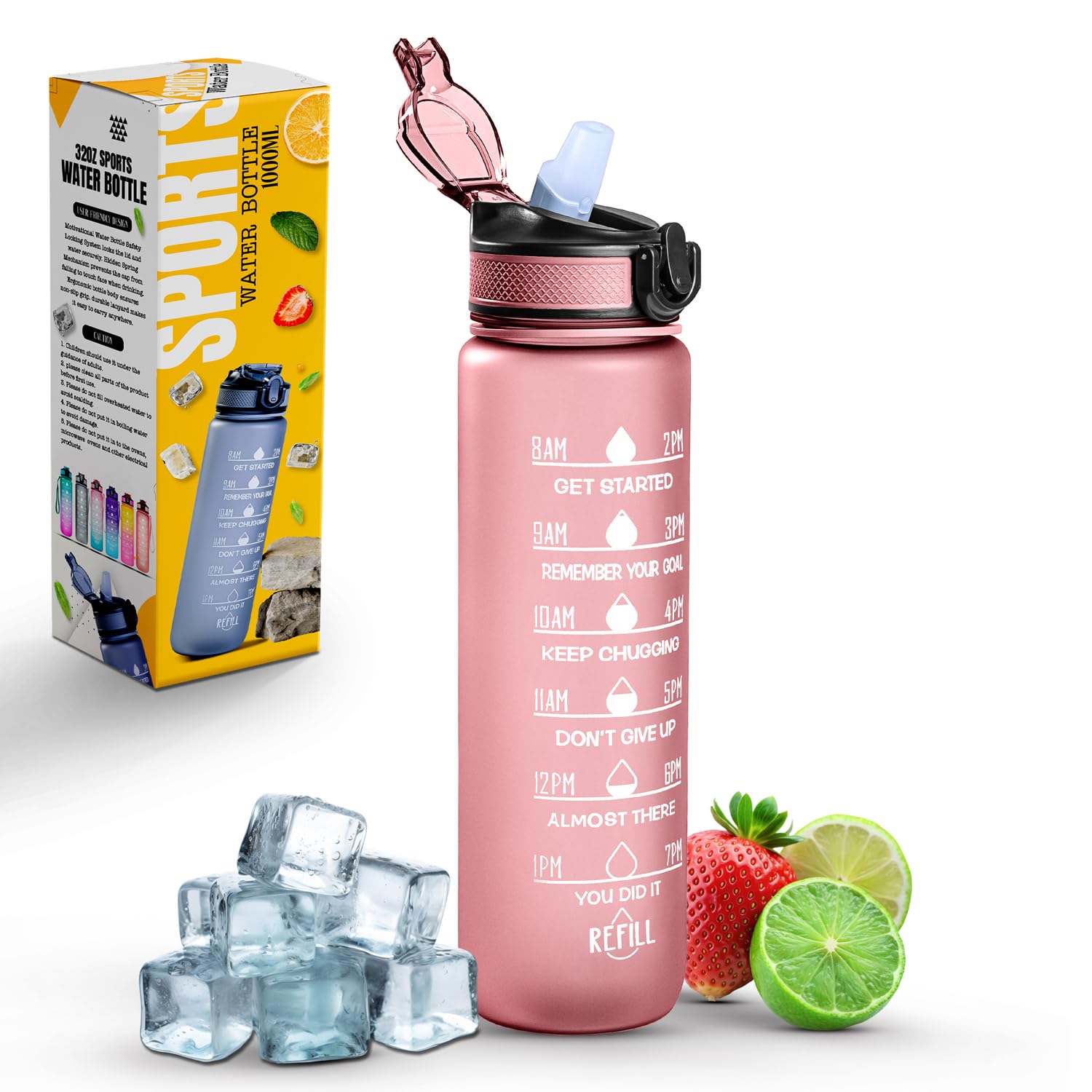 Roe Tenpo Sports Water Bottle with Straw and Time Marking, and 32OZ Capacity - Motivational and Eco-Friendly BPA-Free Bottle for Running, Gym, Yoga, Outdoors, and Camping (Style-1, Pink)