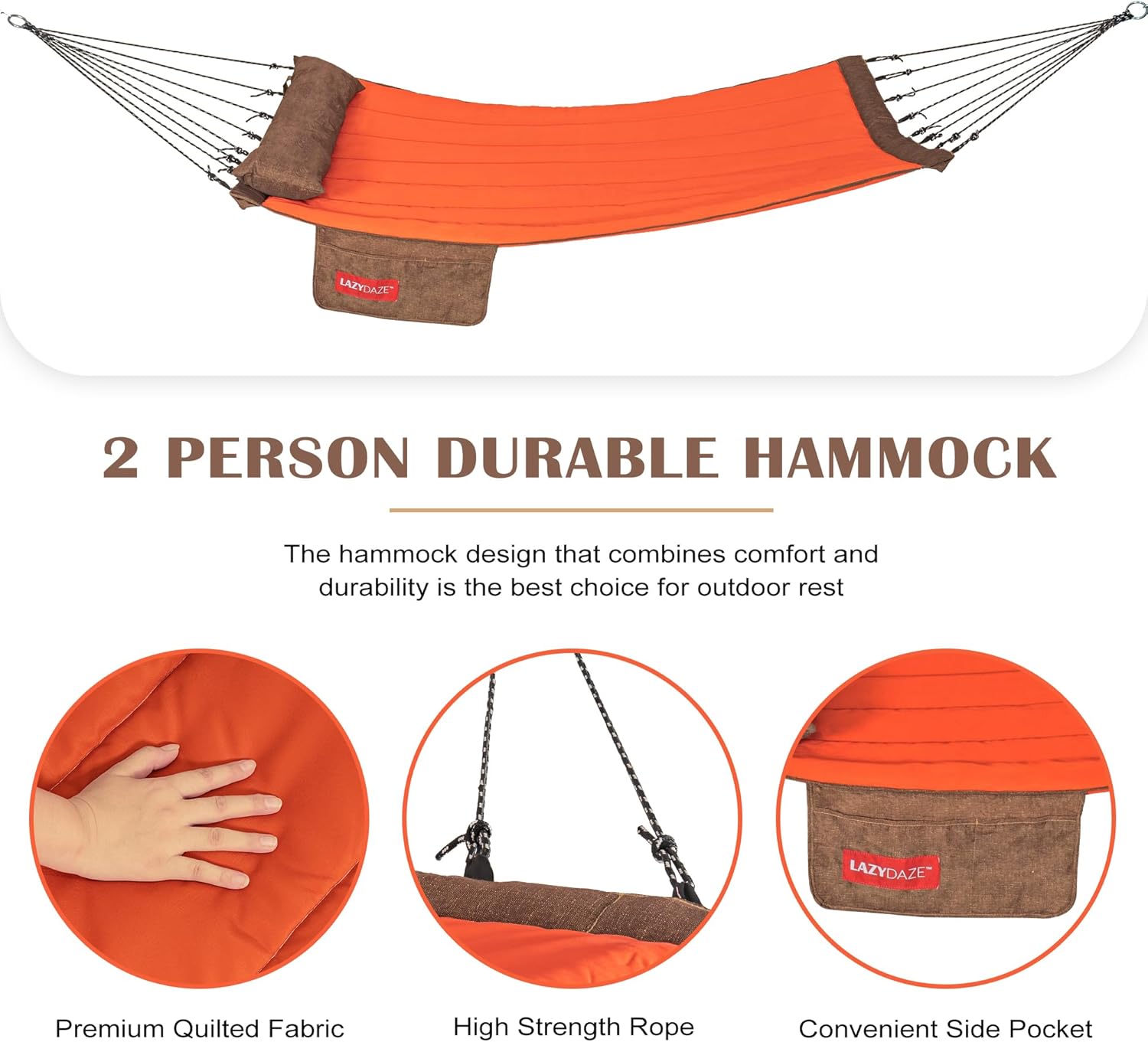 Lazy Daze Hammocks 12 FT Quilted Fabric Hammock with Curved Aluminium Spreader Bar, Outside Double Thickened Hammock with Soft Pillow, Side Pocket 450 Lbs Capacity for Patio, Poolside, Red