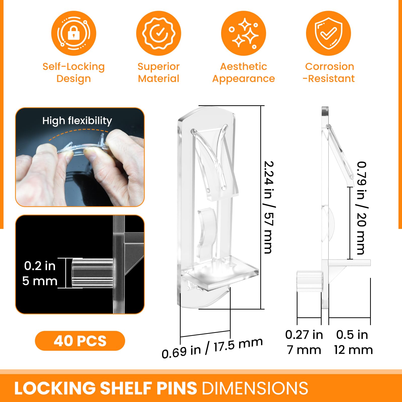 40Pcs Plastic Locking Shelf Support Pegs, 5mm Clear Self-Locking Pins — Amazon image 2