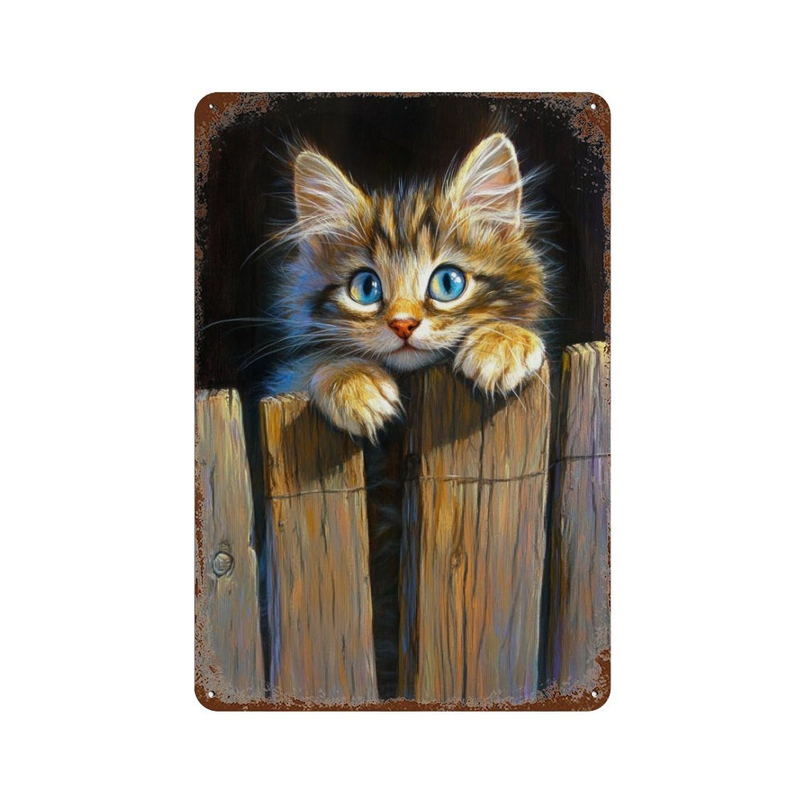 Cute Kitten on Fence Rust Effect Tin Sign 11.8"x7.9", Decorative Metal Wall Art for Living Room, Hallway And Home Decor
