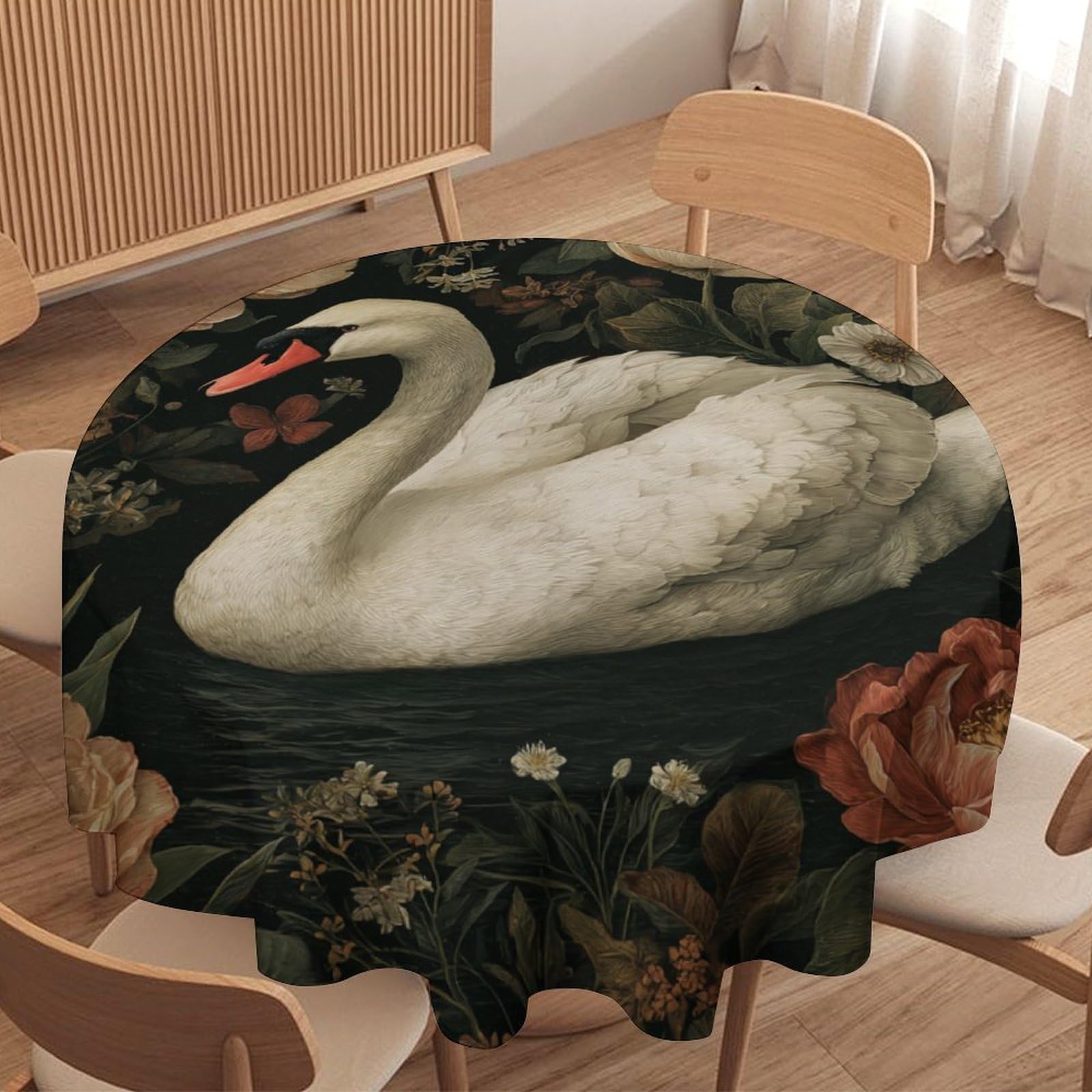 LUYYSKY Vintage Abstract Elegant Swan Waterproof Round Tablecloth Antique Watercolor William Morris Floral Animal Swan Washable Table Cover for Kitchen-177.8" Wx177.8 L cm