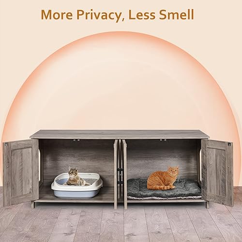 Miniatura 6 de Caja de arena para gatos para 2 gatos, muebles ocultos con habitación doble, muebles de madera para baño, casa para gatos, 47.2 pulgadas de largo x