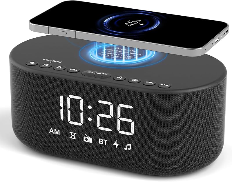 DreamSky Alarm Clock Radio with Wireless Charging and Bluetooth Speaker