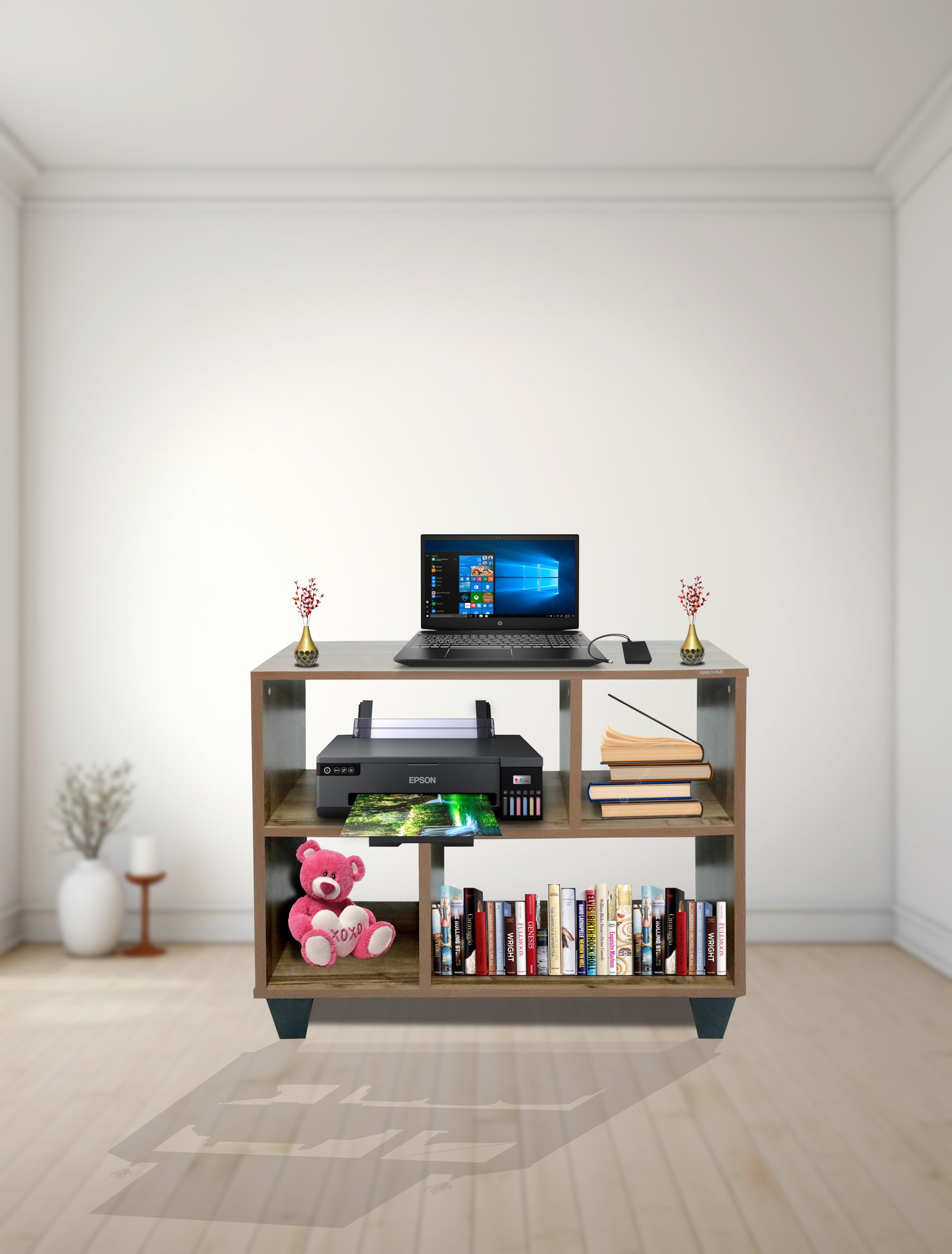 AAROORA SIGA Engineered Wood Record Storage Cube | 4 Shelf Bookcase Storage Large Unit | Compact, Versatile & Stylish Home Decor | Modern Table, Walnut Finish-image-0