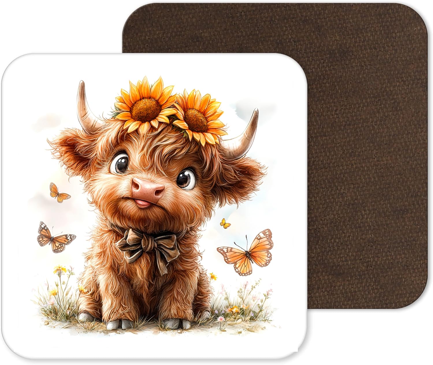 Funny and Cute Highland Cow Coasters - 25 Designs - Funny Retro Square Wooden Coaster (Design 7)