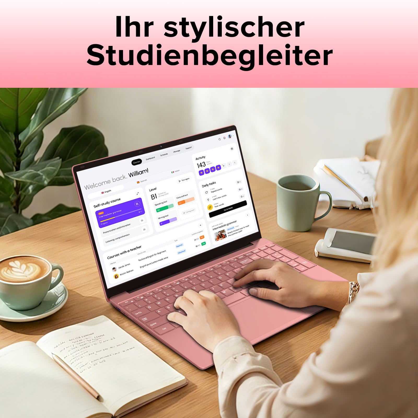 Laptop 15,6 Zoll 8GB RAM 256GB SSD Notebook Full HD IPS Display Roségold Hintergrundbeleuchtete Tastatur Fingerabdruck-Entsperrung Dual-Band WLAN HDMI USB 3.0 für Schule Studium Home Office A