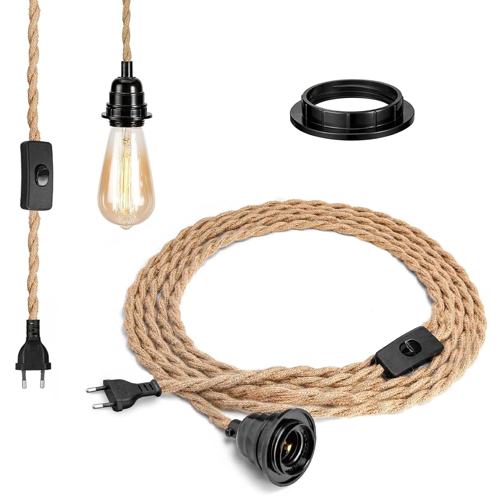 Gniazdo E27 z wyłącznikiem, zawiera gniazdo E27 i 4-metrowy przewód zasilający, nadaje się do lamp wiszących, sufitowych i instalacji DIY, biały (żółty)
