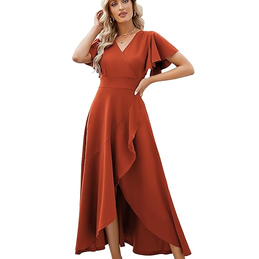 Long Black Formal Dresses for Women Gowns Evening Party Cocktail Dress,Split Elegant V Neck Wrap Ruffle Wedding Guest Dresses