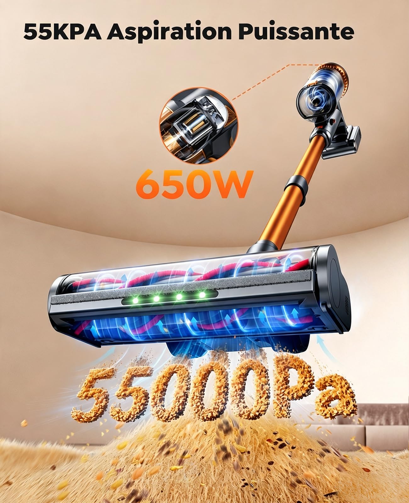 SMOTURE Aspirateur Balai sans Fil 650W/55KPa/70Min, Aspirateur sans Fil Puissant avec Tuyau Extensible 1m, Charge Murale, Mode Auto, Aspirateur Balai Écran LCD pour Poils d’Animaux/Sols/Tapis/Voiture