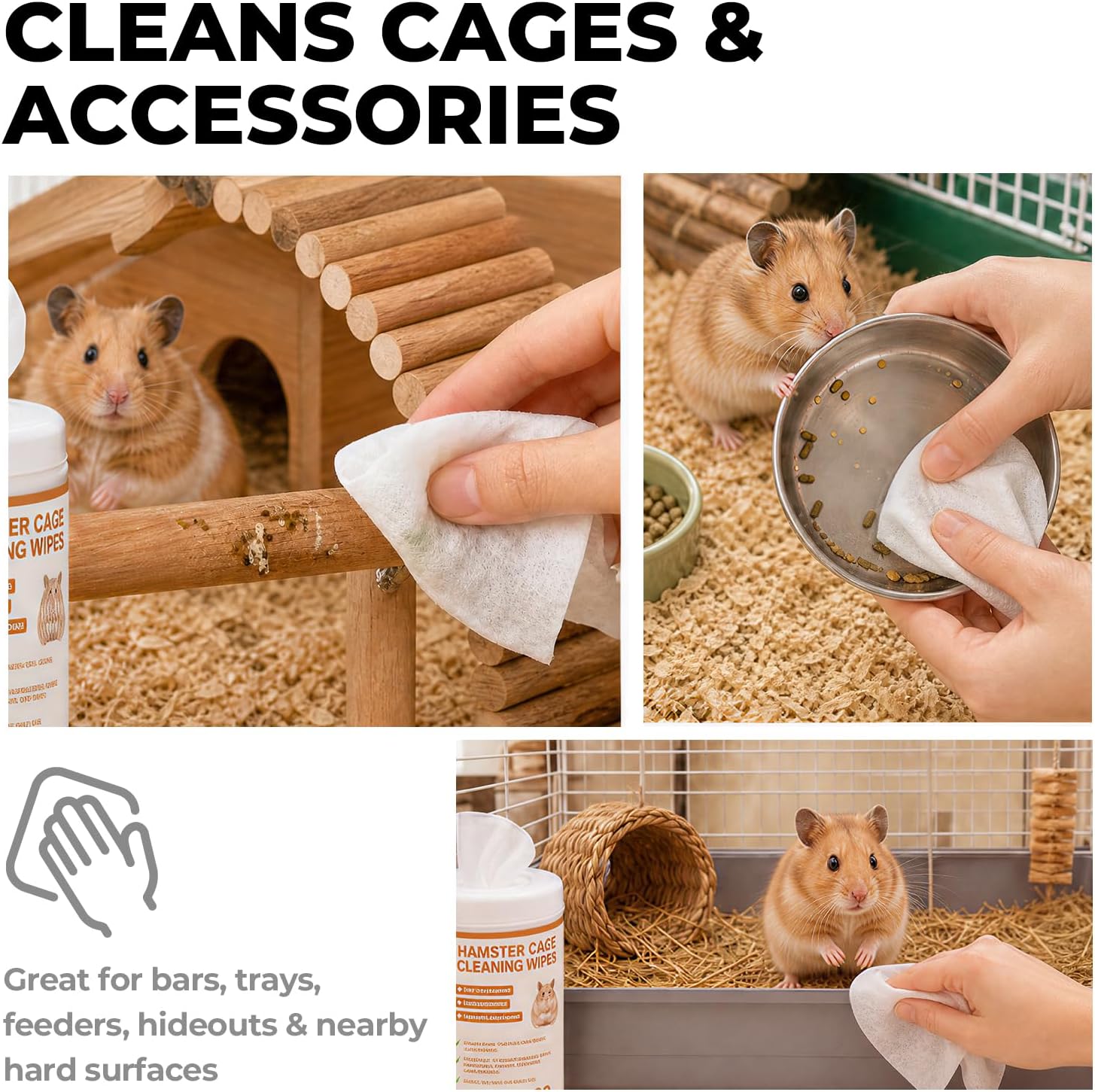 Hamster Cage Cleaning Wipes, Unscented, 2 Pack, 120 Wipes Total | Unscented Hamster Cage Cleaner for Hamster Habitats & Small Animal Cages, Pet Cleaner for Cages, Feeders & Accessories