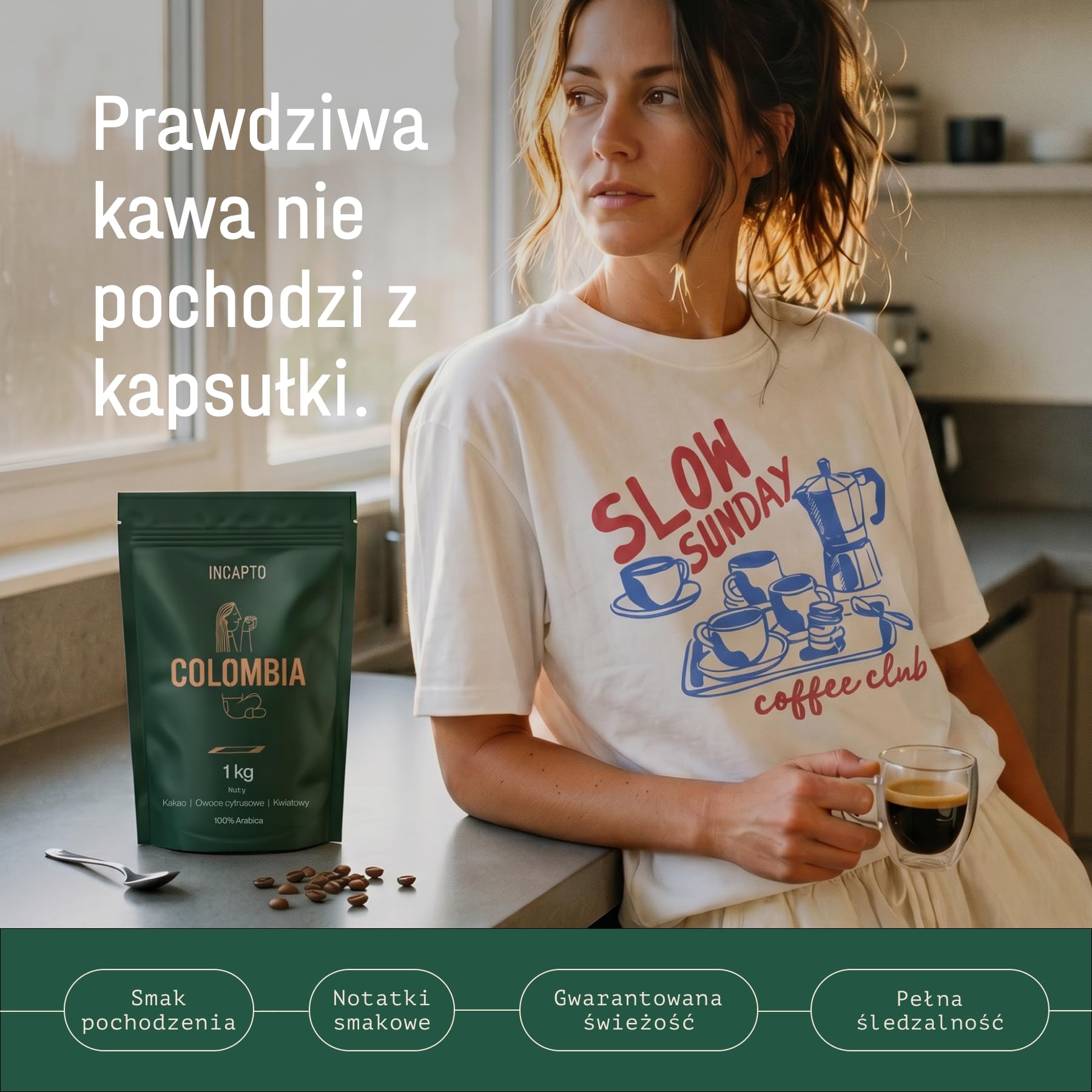 Incapto Kawa ziarnista Specialty 1 kg | Pochodzenie: Kolumbia | 100% Arabica | Kawa segmentu Specialty (84 punkty SCA) | Naturalny, rzemieślniczy proces palenia | Huila Estate, Cadefihuila