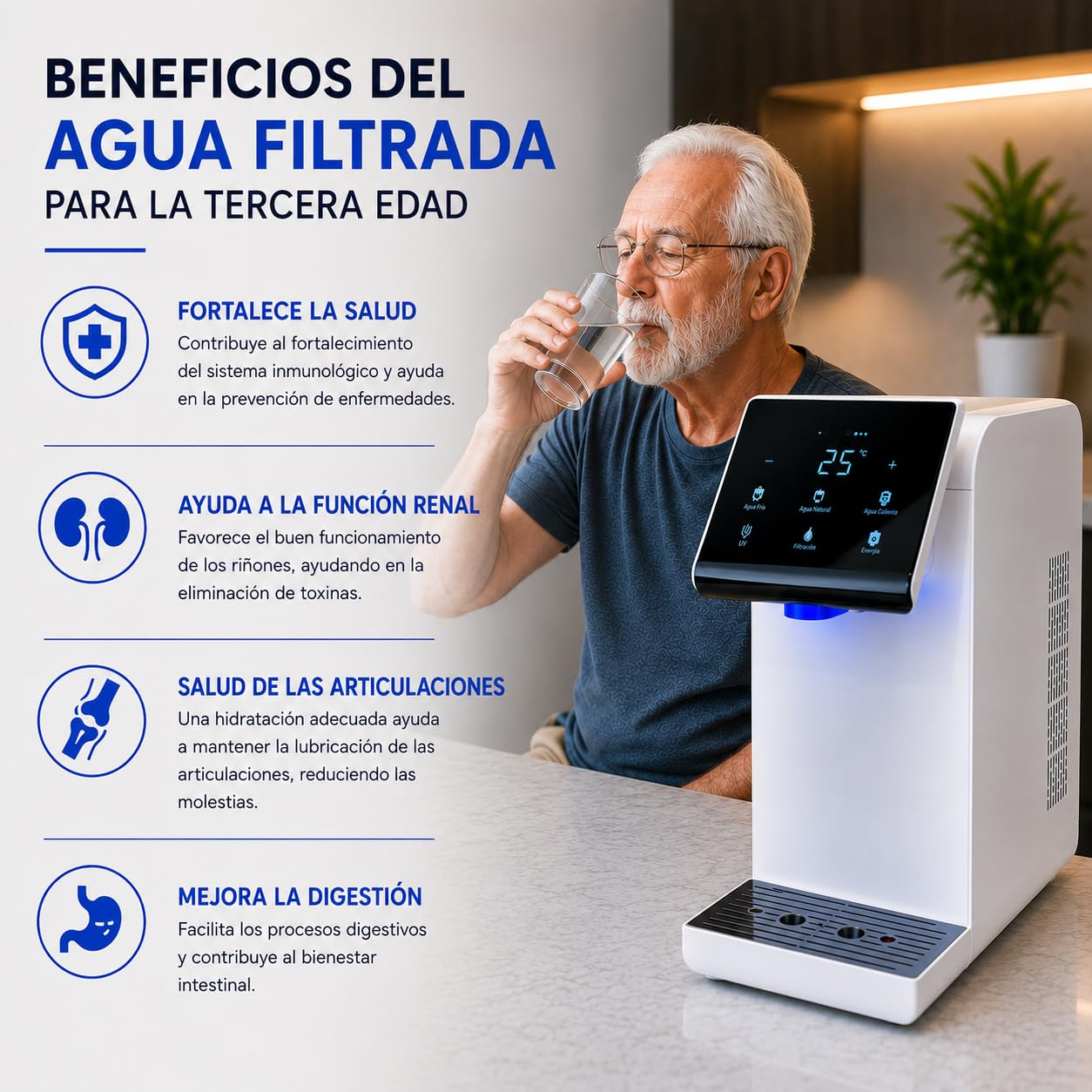 Filtro Dispensador de Agua Fría, Caliente y Natural, Purificador de Agua sin Garrafón, Filtro de 2 Etapas, Esterilización UV, de Sobremesa.