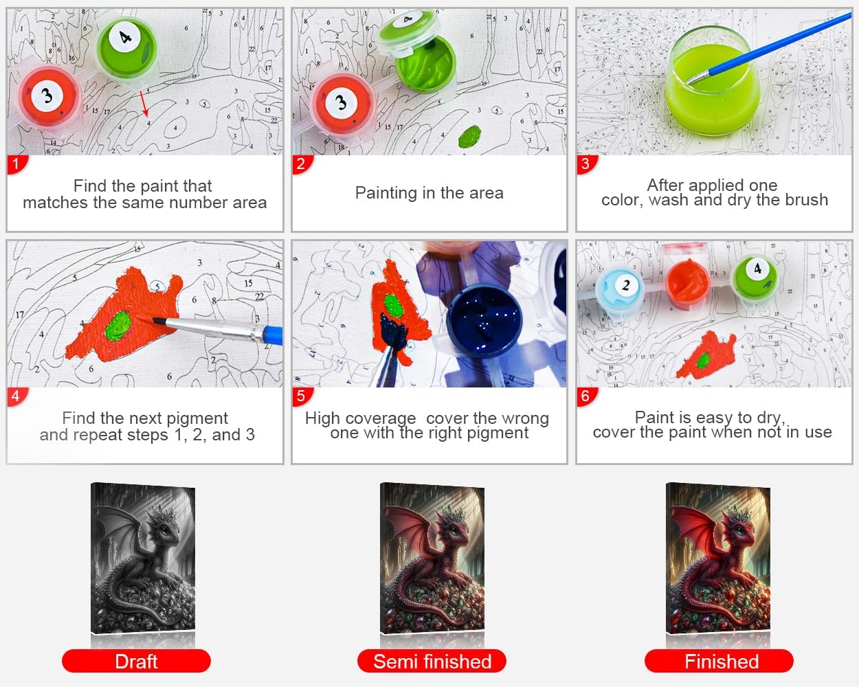 Red Dragon Paint By Numbers Kit for Adults Beginner Dragon on the Pile of Gems Art Acrylic on Canvas Easy Oil Painting Kit Adults' Paint by Number Kits for Gift Home Wall Decor 16x20 Inch With Frame