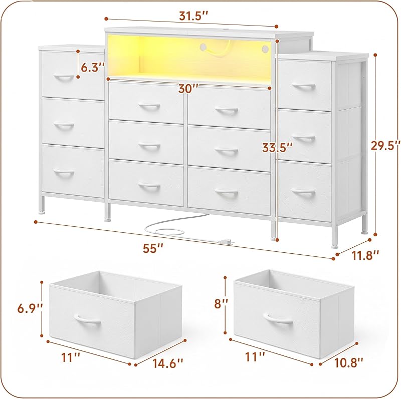 DurayLoly 12-Drawer Dresser, LED Lights, Charging, Fits 65" TV image 3