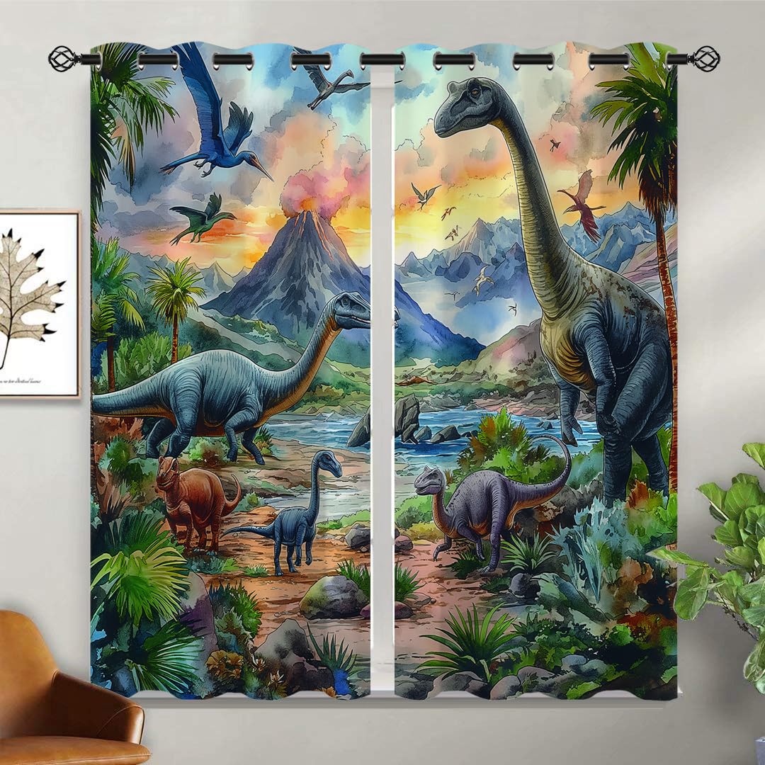 XINBADU Dinosaur Blackout Curtains for Girls Boy Home Decor, Jungle Dino Jurassic Forest Animals Grommet Thermal Insulated Drapes Darkening Window Curtain for Bedroom Living Room, 42 x 63 Inch