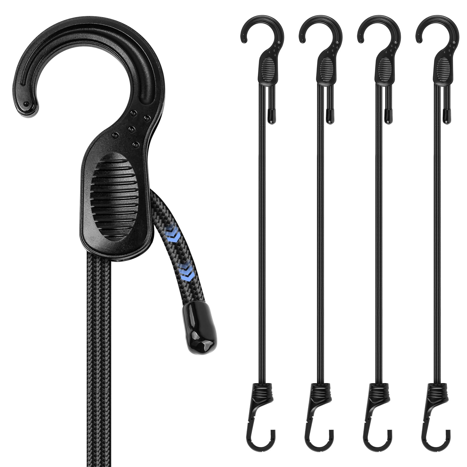 Adjustable Bungee Cords with Hooks, 4 PCS Bungee Straps | Freely Adjustable Length from 18-60 CM - Ideal for Tarps, Tents or Caravan Camping