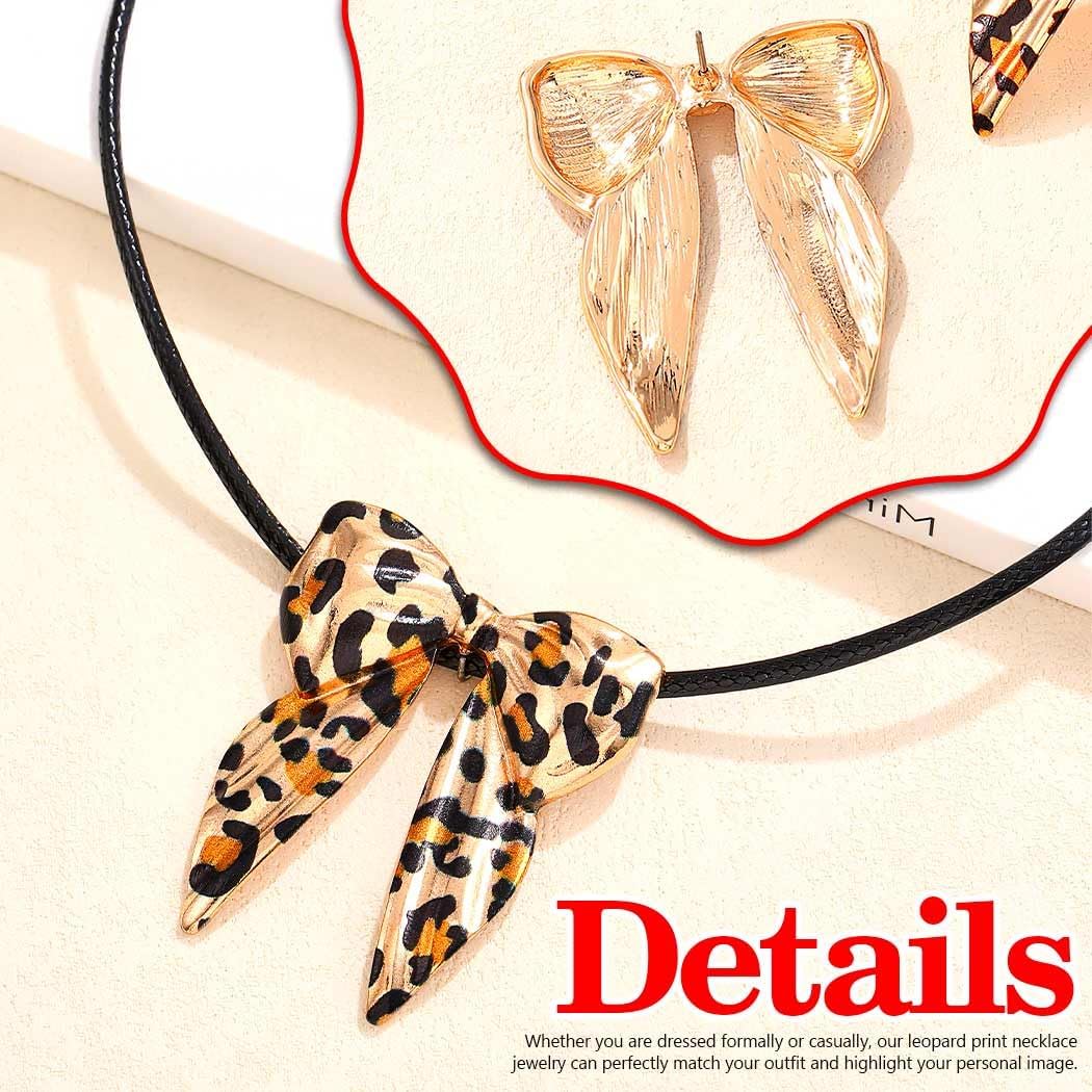 Leopard Bow Neckalce Jewelry Set Black Cheetah Print Bowknot Neckalce Earrings for Women - Image 2