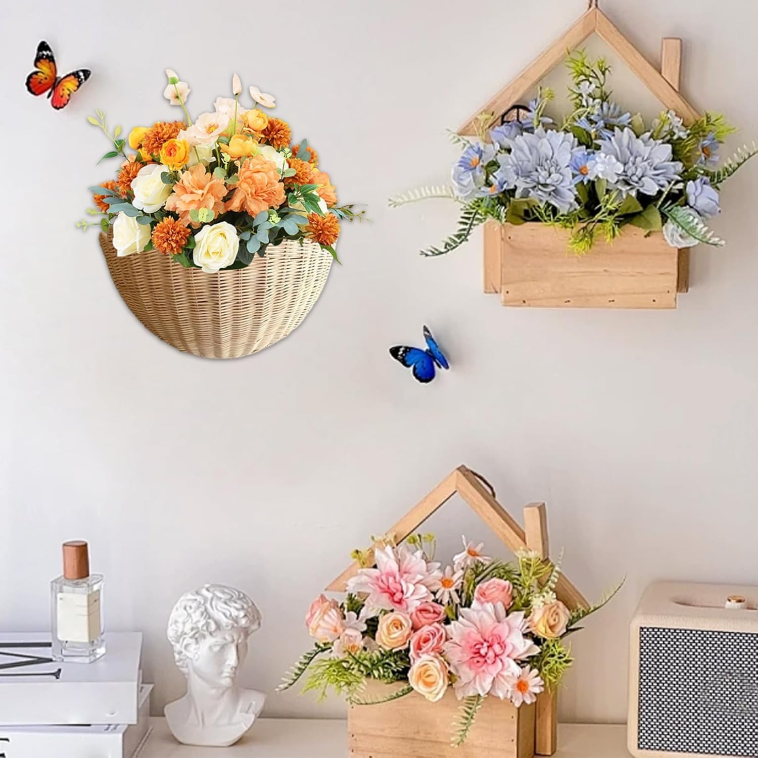 Panier mural en rotin tressé - Style bohème - Panier de rangement décoratif pour salon, cuisine, chambre d'enfant, salle de bain, chambre à coucher, couloir - Grand x 2