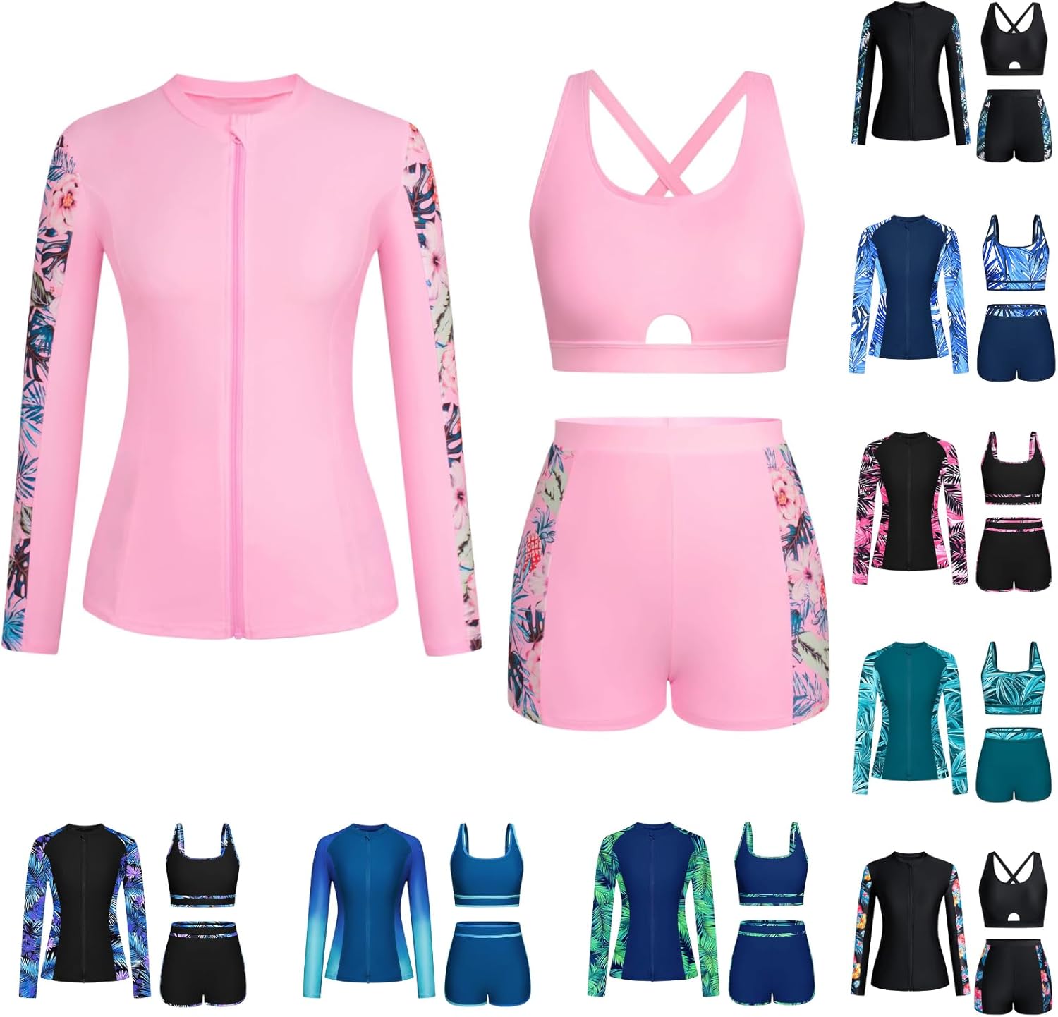 Womens 3 Piece Rash Guard Swimsuit Set Long Sleeve Bathing Suits with Boy Shorts Criss Cross Push Up Bikini Sets