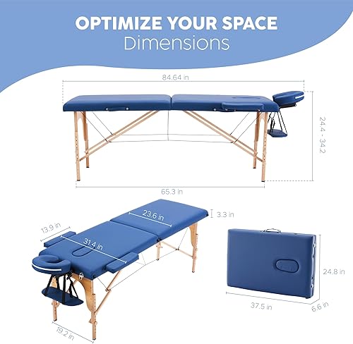 Miniatura 3 de Mesa de masaje portátil, cama plegable de altura ajustable con bolsa de transporte, tatuaje de pestañas de spa, 73 x 24 x 34 pulgadas, azul