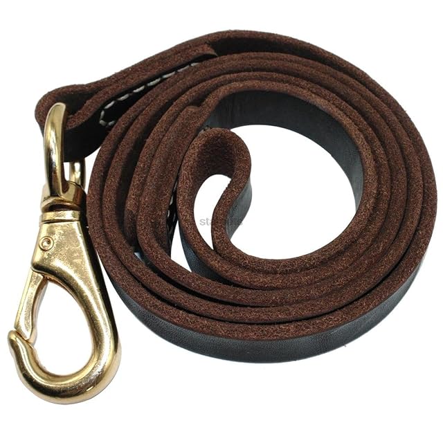 Foto 7 de 7 de Correa de piel resistente hecha a mano para perro, color marrón oscuro y negro con gancho dorado