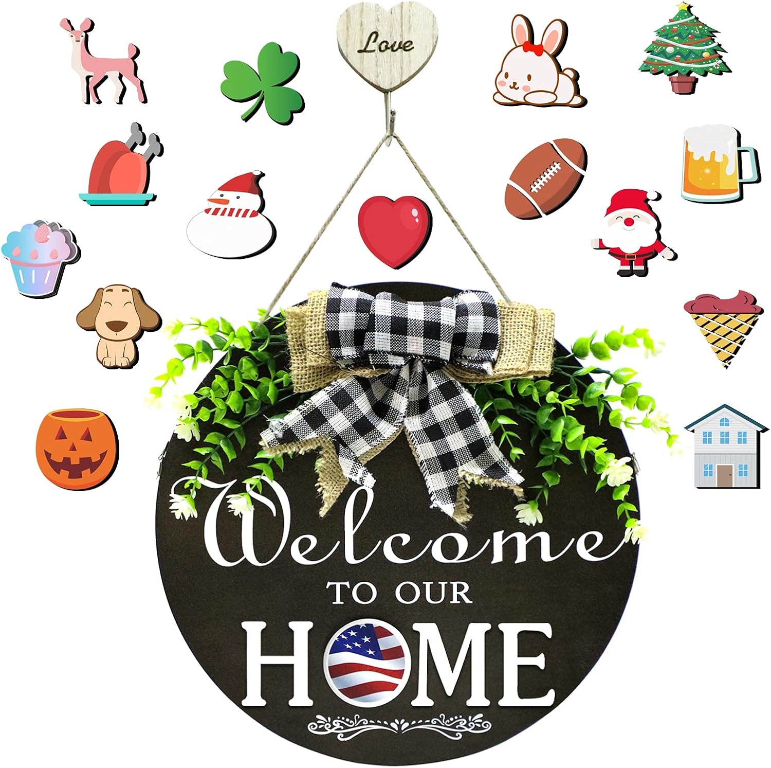 Nuolifee Wooden Seasonal Welcome Door Sign Interchangeable Welcome to Our Home Round Wood Hanging Front Door Sign with Burlap Bow with 16 Seasonal Ornament for Independence Day Holiday Porch : Patio, Lawn & Garden
