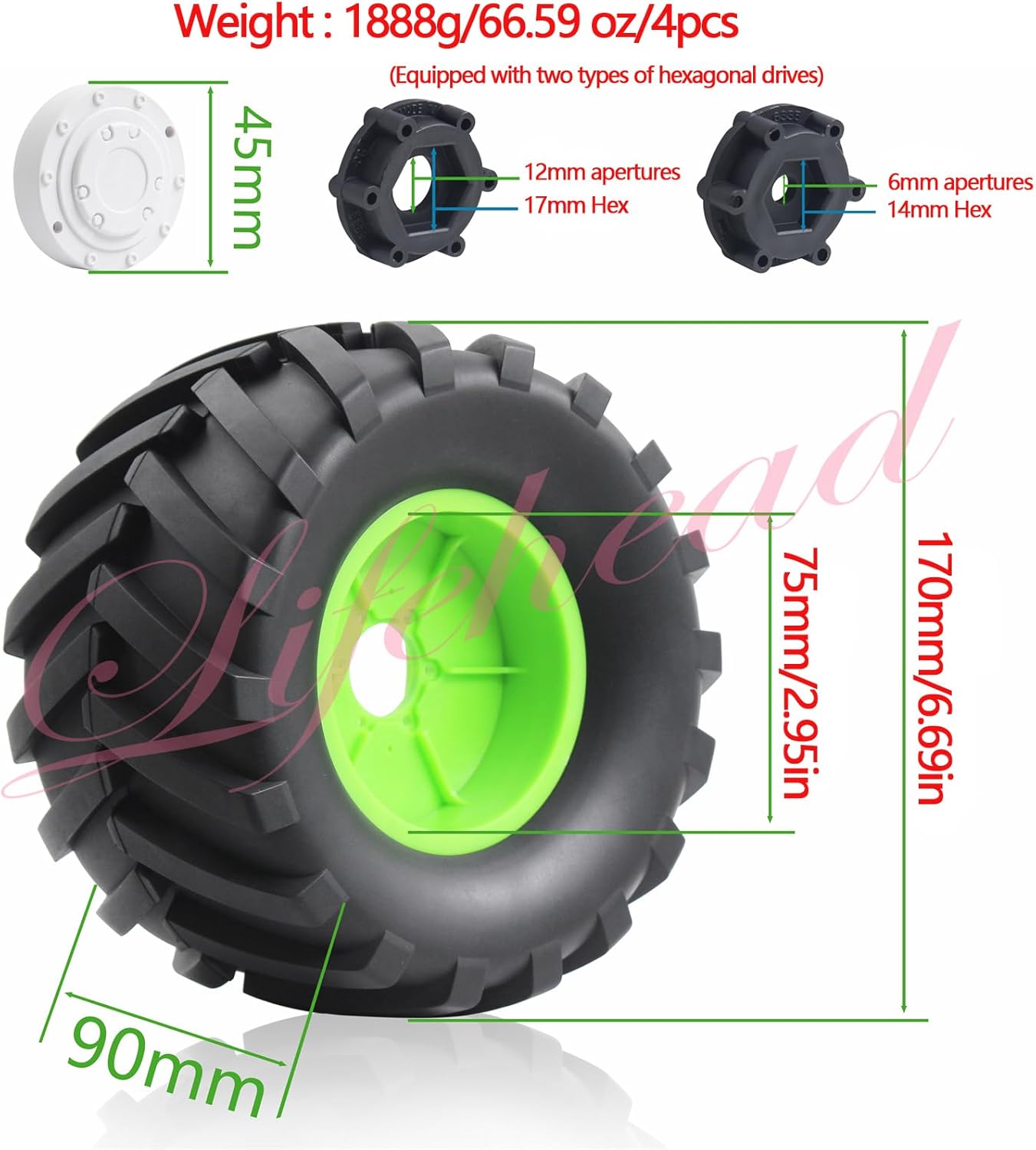 Lifehead 1/8 Scale RC Monster Truck Rubber Tires， for Traxxas SUMMIT E-Revo 86086-4 Arrma Kraton 6S kyosho USA-1 Losi LMT，173mm OD Sand and snow tires/17mm Hex