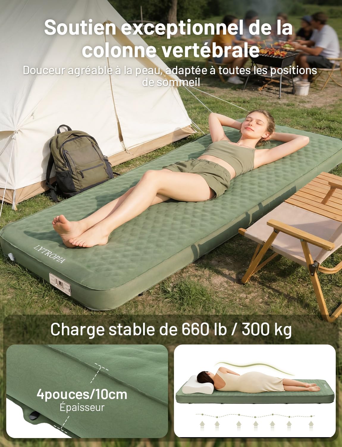 Matelas Gonflable 1 Place, Autogonflant, Pompe à Air Électrique | 10cm Épais, Pompe USB-C Gonflage 60s, Anti-Déchirure, Sangles Module, Convient Camping Randonnée Plage
