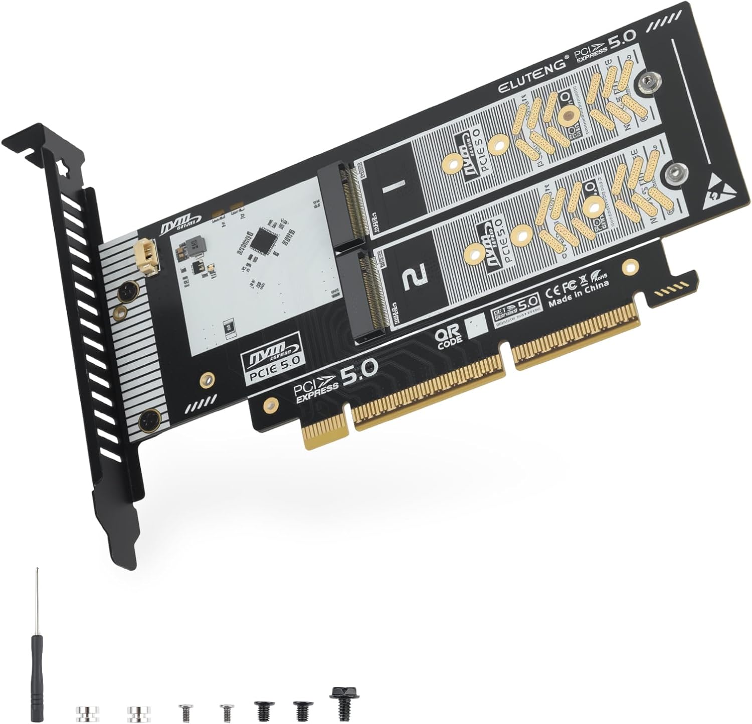 ELUTENG Dual-Slot NVMe to PCIe 5.0 x16 Interface Expansion Card (Supports Up to x8 Bandwidth) 64Gbps Backward Compatible with PCIe 4.0/3.0/2.0 Adapters Supports 2230/2242/2260/2280 SSD Form Factors