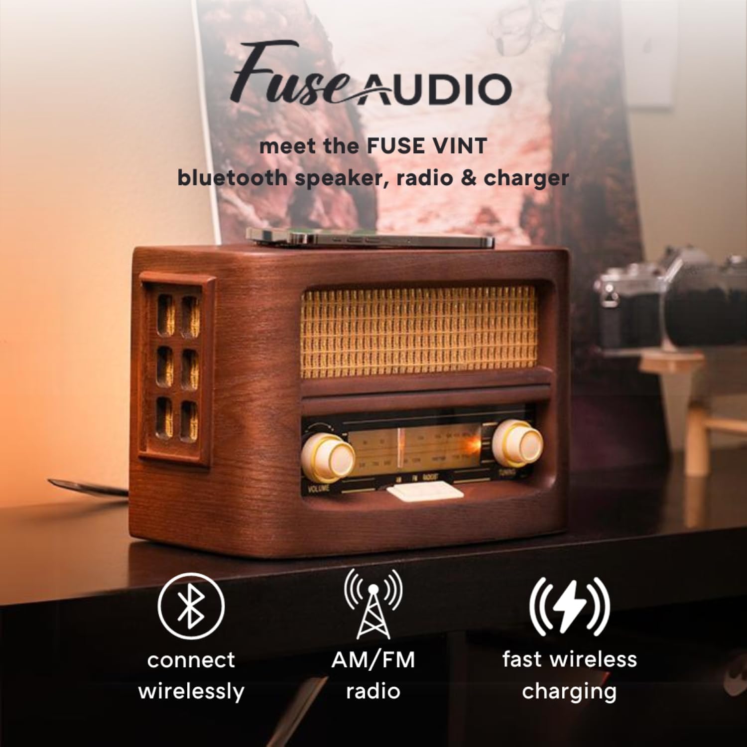 Fuse Vint Vintage Wood Retro Radio | Wireless Charging Pad | AM/FM Radio Speaker with Bluetooth & AUX Input | Mid-Century Modern Design | Handcrafted Ashtree Wood Exterior - Image 4