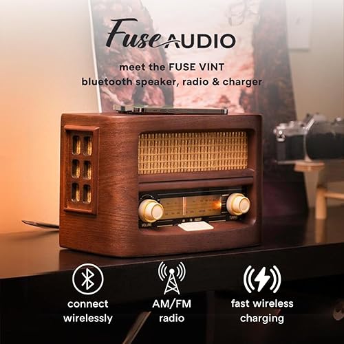 Miniatura 4 de Fuse Vint - Radio retro de madera vintage | Almohadilla de carga inalámbrica | Altavoz de radio AM/FM con Bluetooth y entrada AUX | Diseño moderno