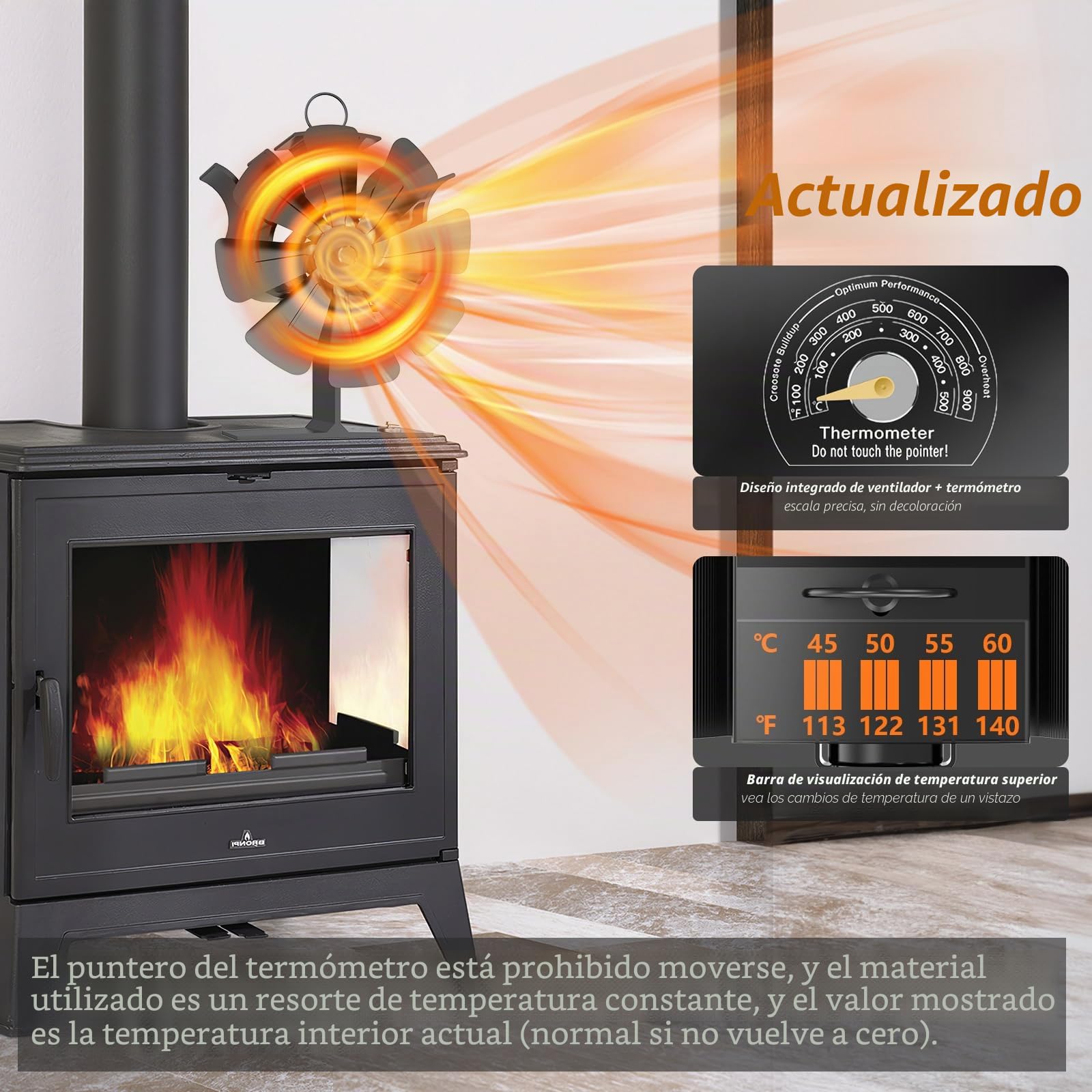 Ventilador de estufa sin electricidad con 8 aspas para estufa de leña, funcionamiento silencioso, distribuidor de aire caliente para quemador de madera (con termómetro y guantes)