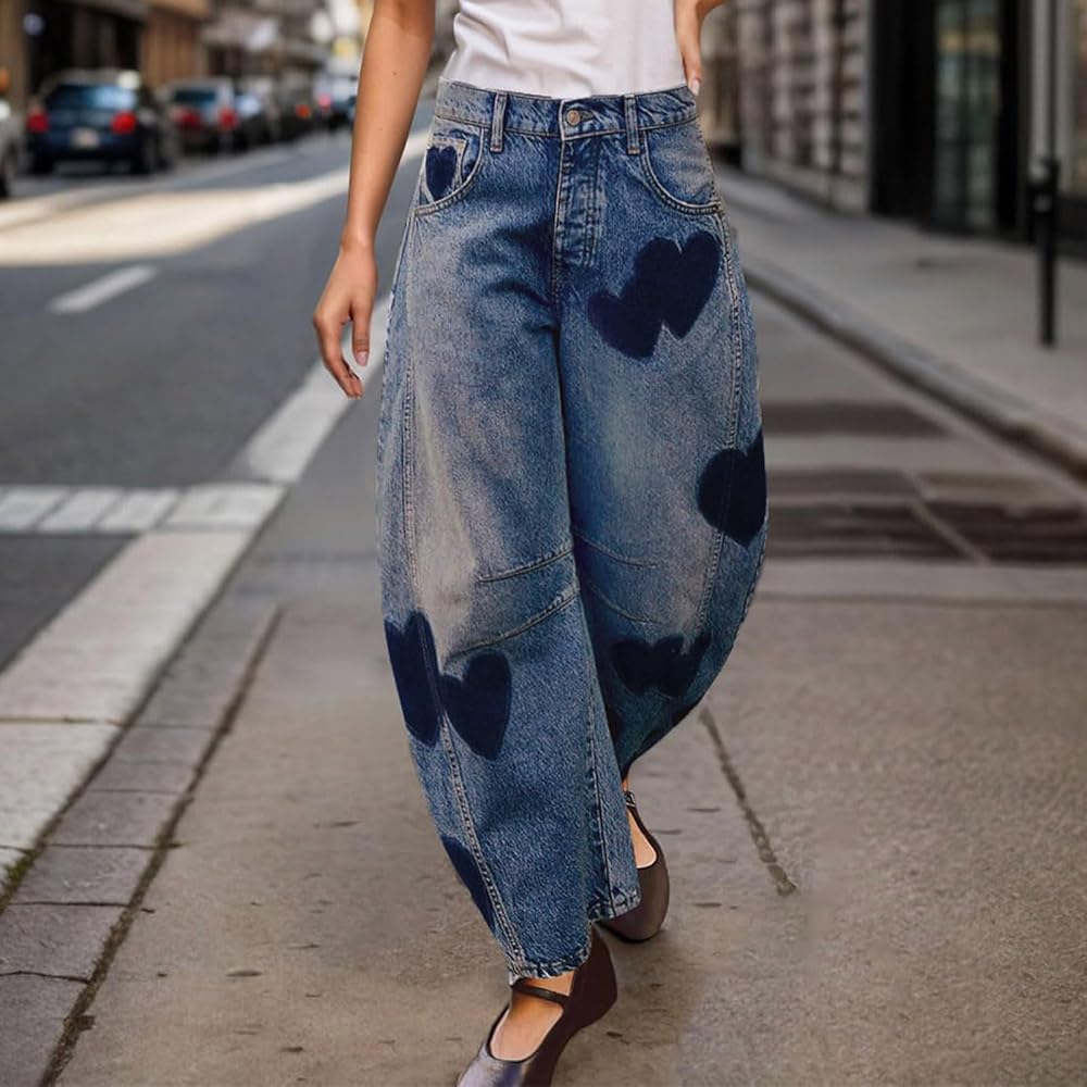 Womens Barrel Jeans with Hearts Graphic Y2K Baggy Printed