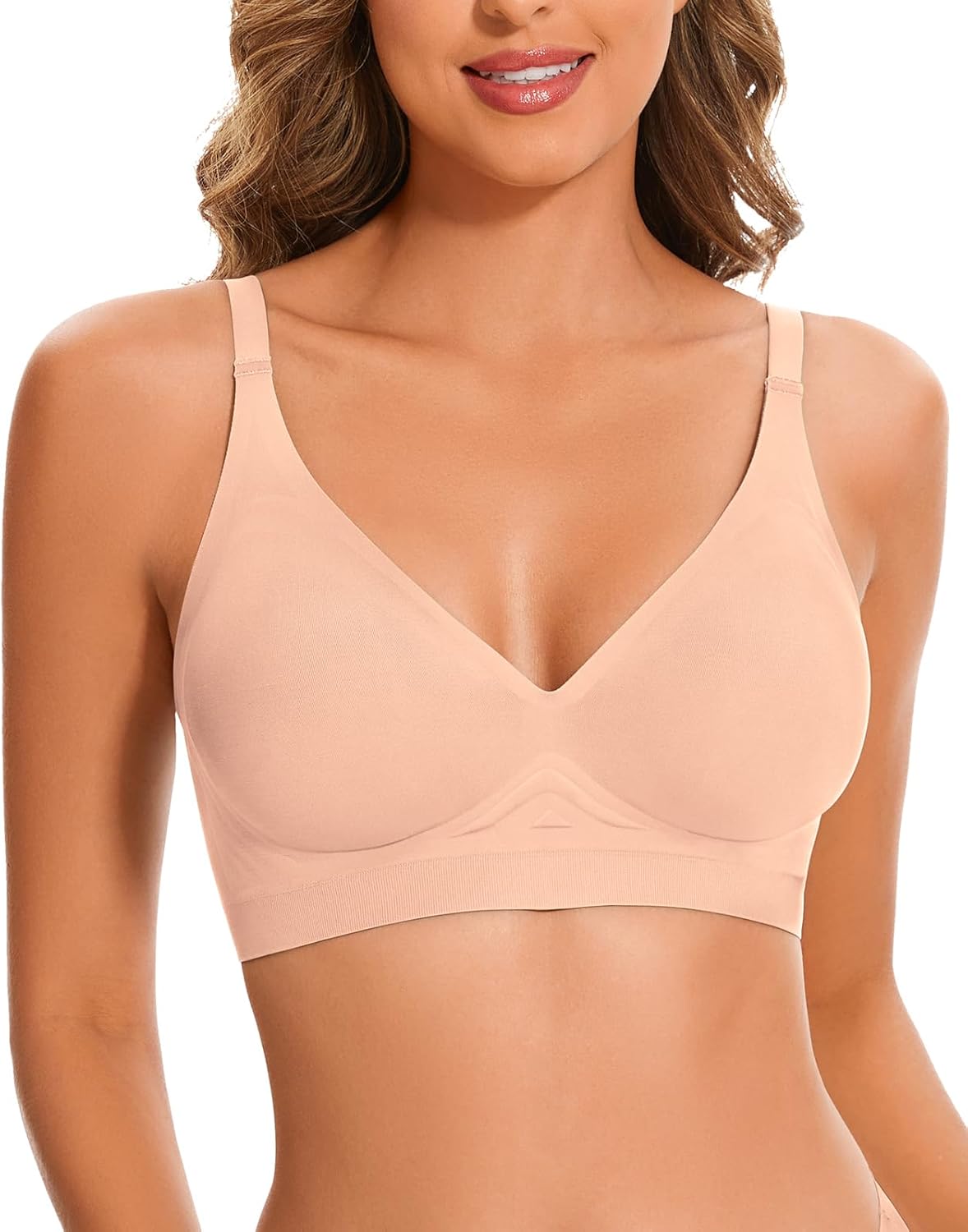 WOWENY Wireless Push Up Bras for Women Comfortable Ribbed Seamless Bralettes V-Neck Adjustable Padded Everyday Bra