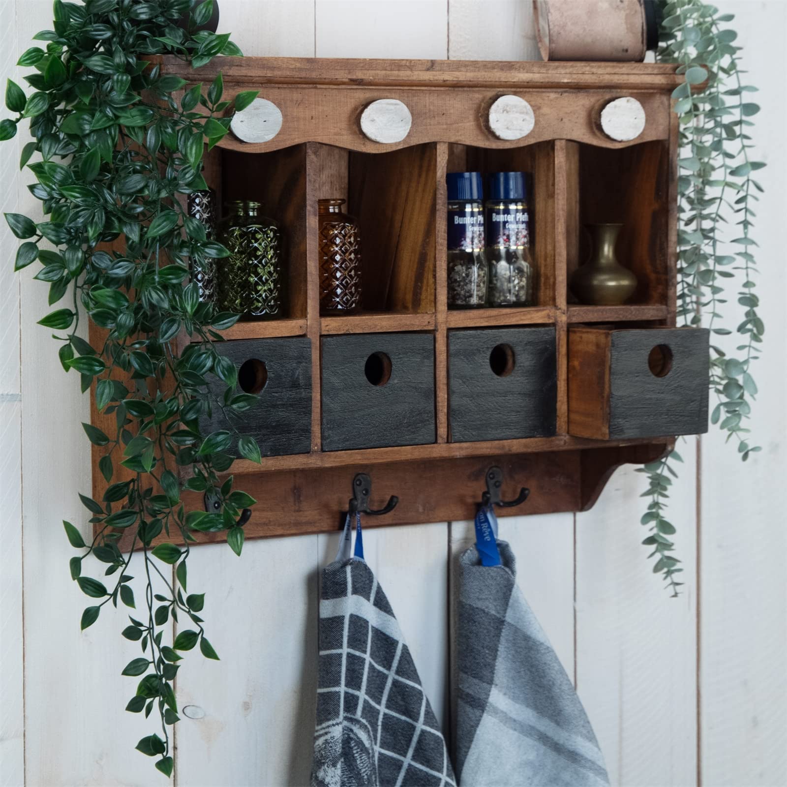 DESIGN DELIGHTS WANDREGAL Luna | Mahagoni Holz, 60 cm, mit schwarzen Schubladen und Haken | Vintage Hängeregal, Holzregal, Küchenregal, Wandschrank