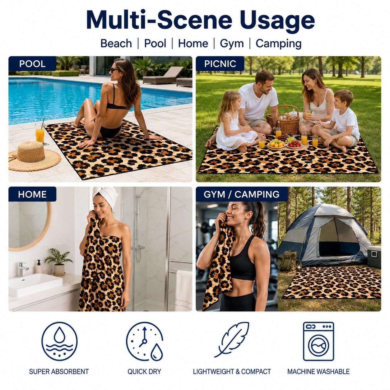 Telo Mare Microfibra Stampa Leopardata Asciugatura Rapida | Asciugamano da Spiaggia Macchie Classiche, 145x200 cm, Assorbente, Accessori Mare, per Palestra Viaggio