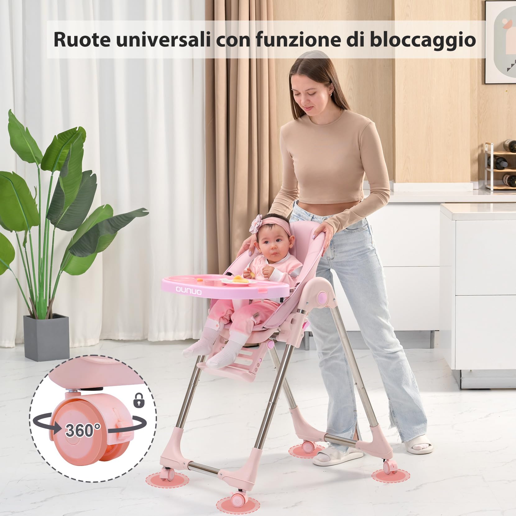 OUNUO Seggiolone Pappa, Seggiolino da Tavolo Pieghevole, Seggioline per bambini da 6 Mesi fino a 6 anni, Piatto da Cena Smontabile, Pedale e Schienale Regolabili in Altezza (Rosa)